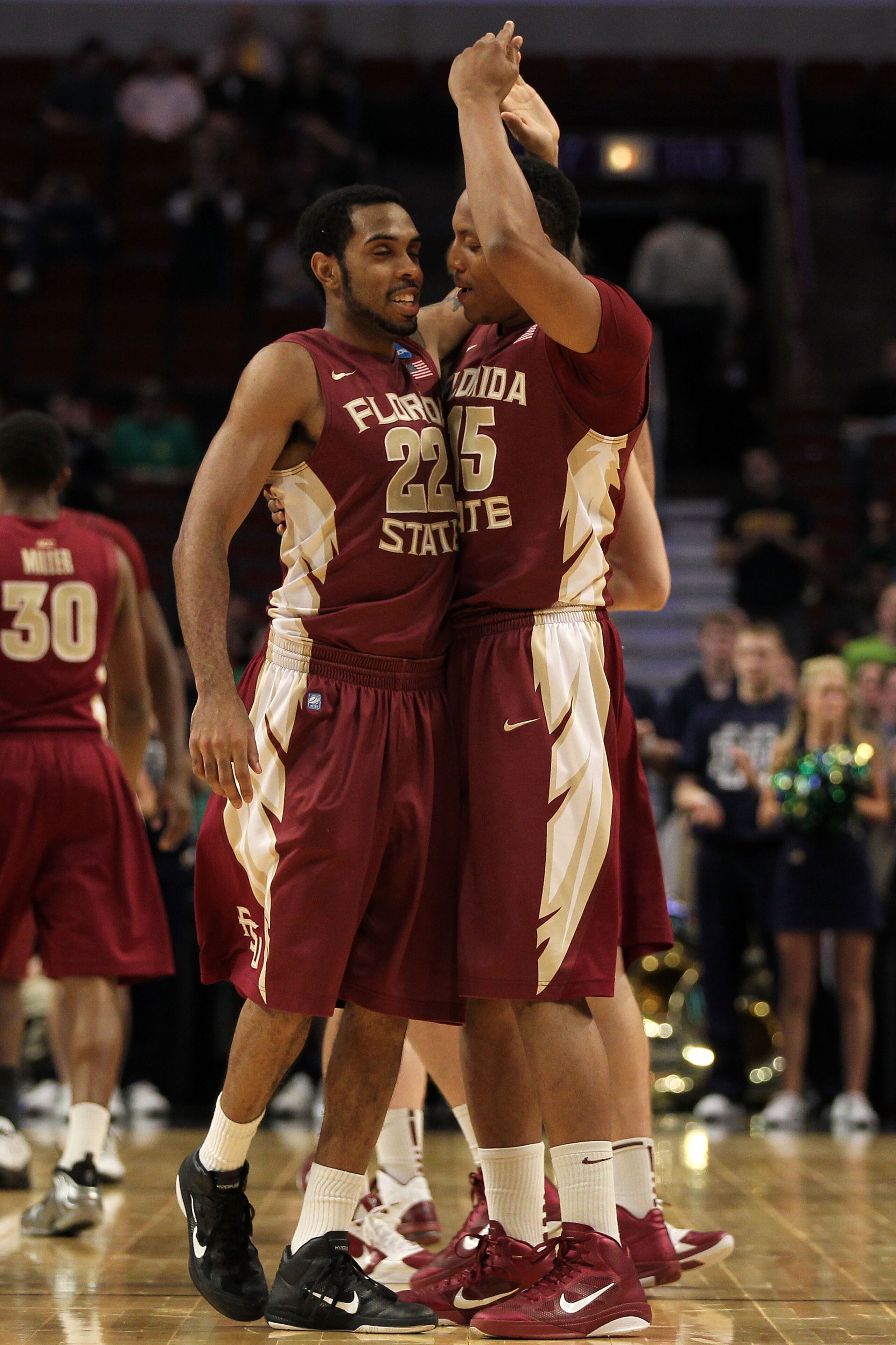 CHICAGO, IL - MARCH 20: Derwin Kitchen #22 and Terrance Shannon #15 of the Florida State Seminoles celebrate in the second half of the game against the Notre Dame Fighting Irish during the third round of the 2011 NCAA men's basketball tournament at the U CHICAGO, IL - MARCH 20: Derwin Kitchen #22 and Terrance Shannon #15 of the Florida State Seminoles celebrate in the second half of the game against the Notre Dame Fighting Irish during the third round of the 2011 NCAA men's basketball tournament at the U