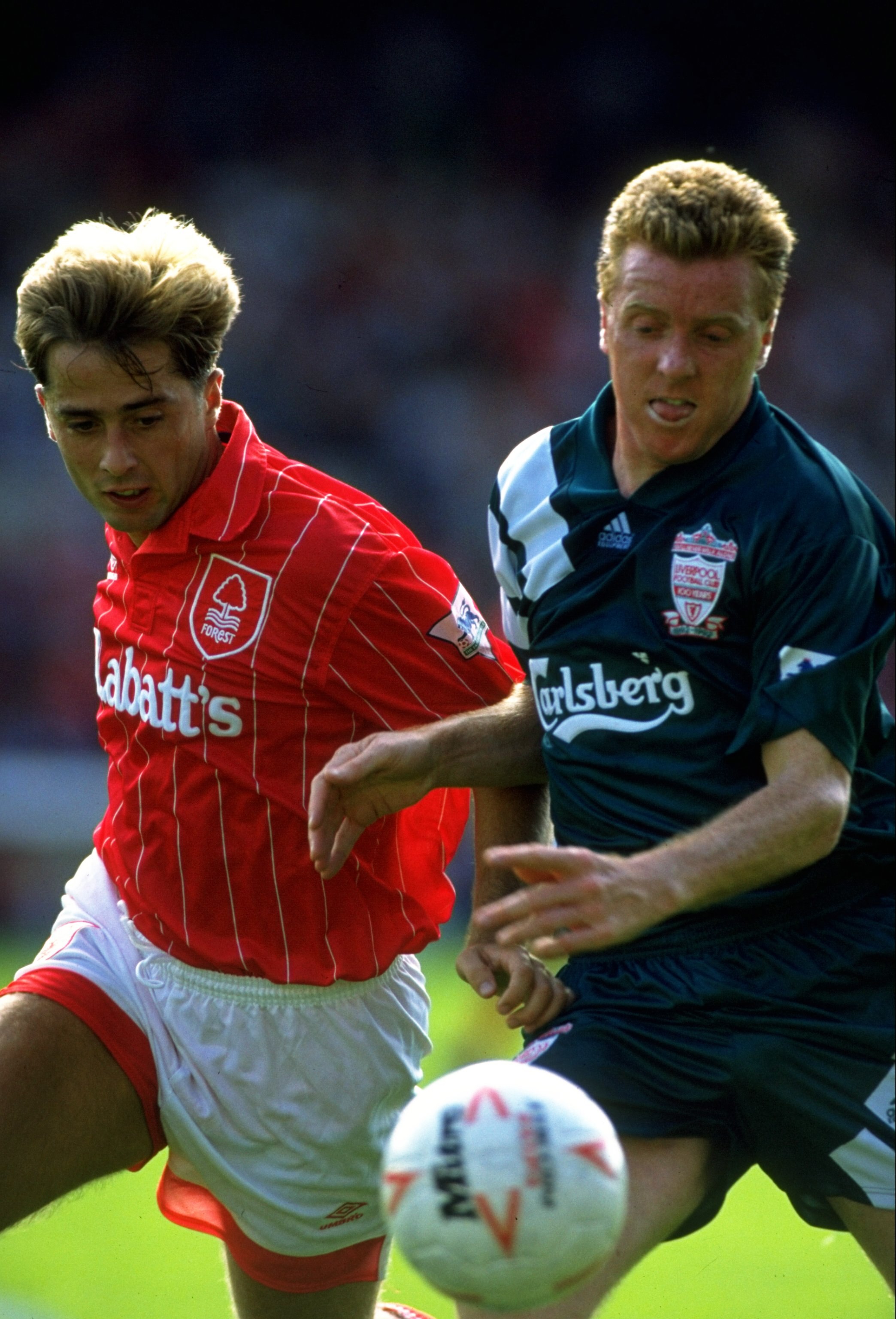 16 Aug 1992:  Ian Woan of Nottingham Forest takes on Steve Nicol of Liverpool during an FA Carling Premier League match at the City Ground in Nottingham, England. Nottingham Forest won the match 1-0.   \ Mandatory Credit: Shaun  Botterill/Allsport