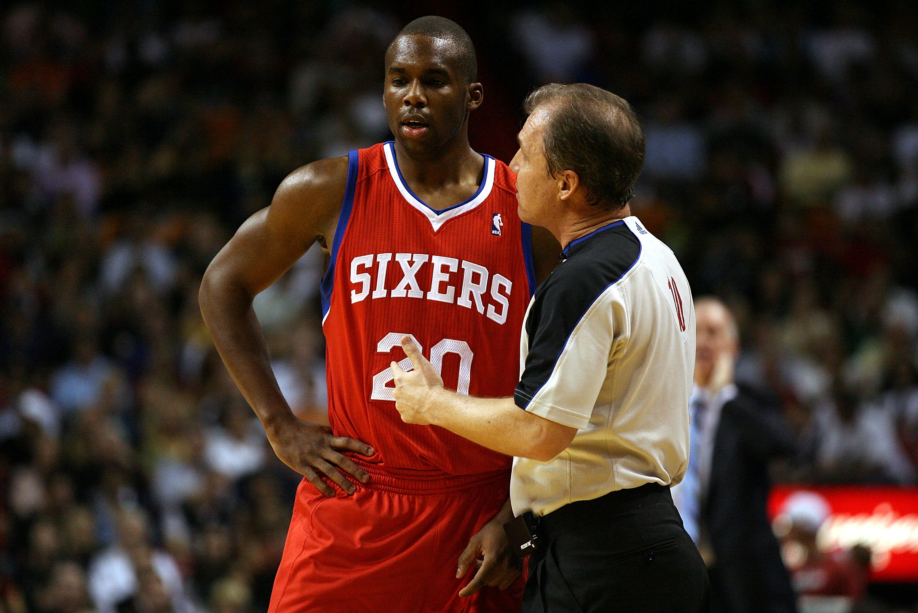 MIAMI - NOVEMBER 26: Guard Jodie Meeks #20 of the Philadelphia 76ers talks to the referee against the Miami Heat at American Airlines Arena on November 26, 2010 in Miami, Florida. The Heat defeated the 76ers 99-90.  (Photo by Marc Serota/Getty Images)