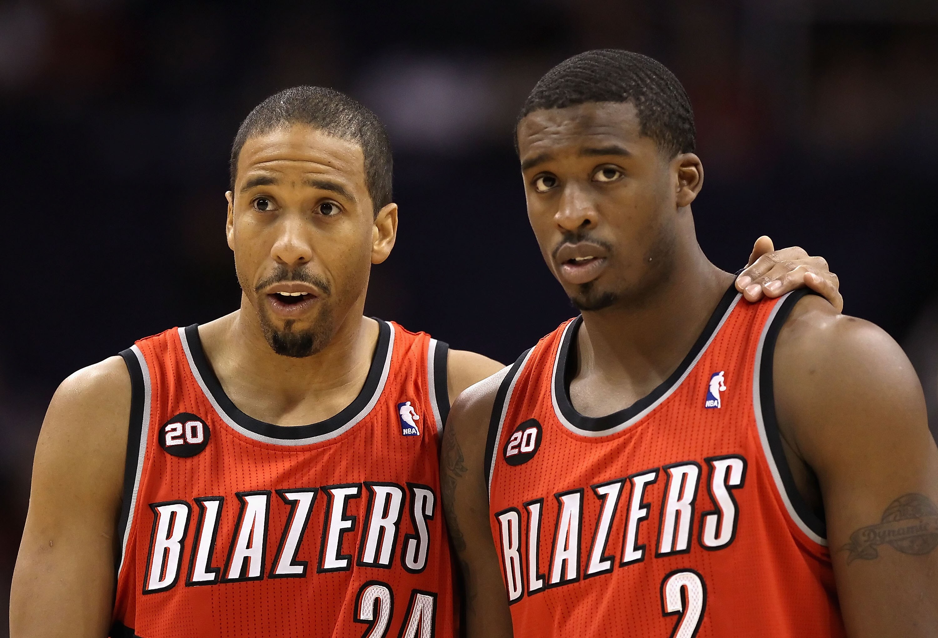 PHOENIX - DECEMBER 10:  Andre Miller #24 and Wesley Matthews #2 of the Portland Trail Blazers talk during a break from the NBA game against the Phoenix Suns at US Airways Center on December 10, 2010 in Phoenix, Arizona. NOTE TO USER: User expressly acknow