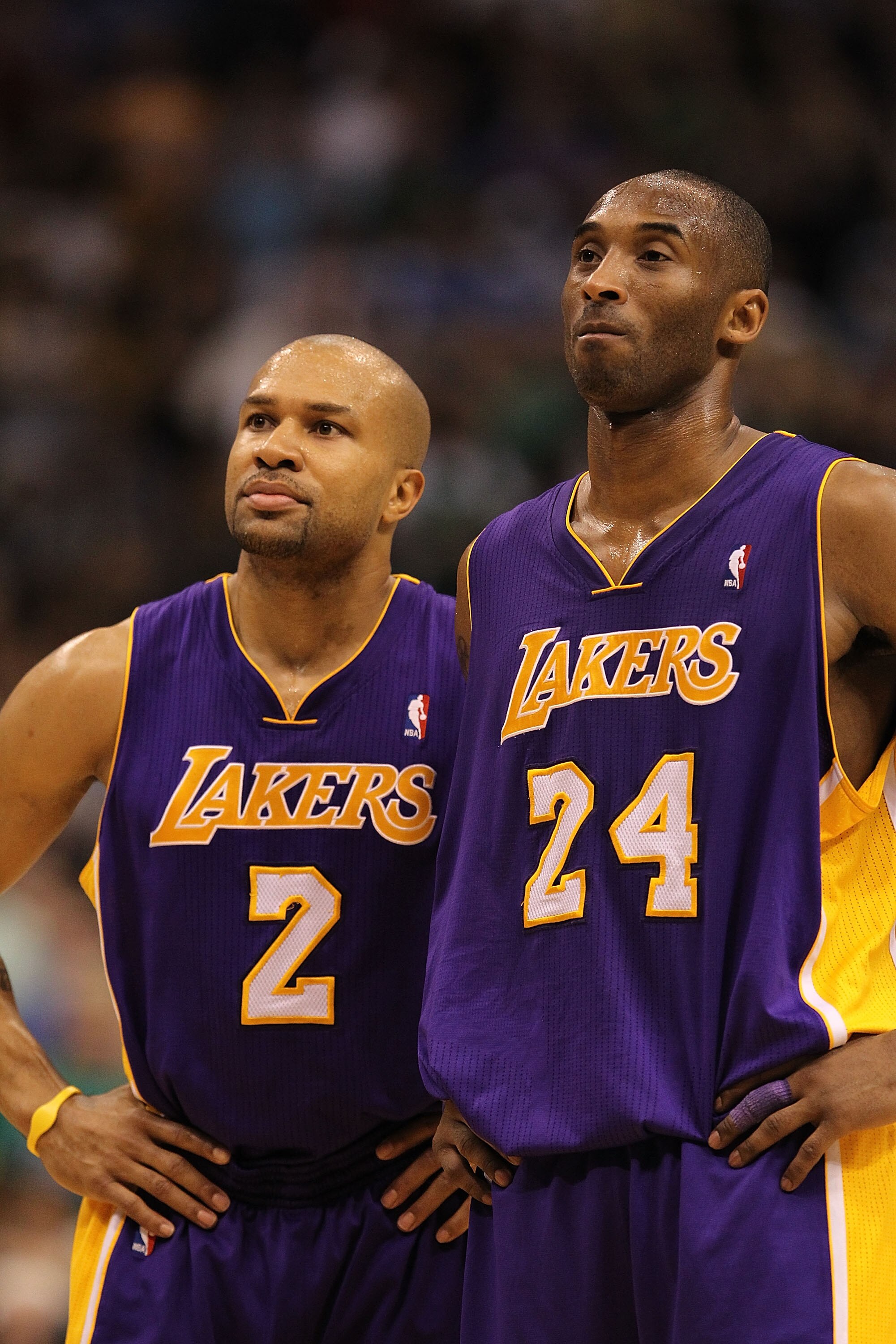 DALLAS, TX - MARCH 12:  Derek Fisher #2 and Kobe Bryant #24 of the Los Angeles Lakers at American Airlines Center on March 12, 2011 in Dallas, Texas.  NOTE TO USER: User expressly acknowledges and agrees that, by downloading and or using this photograph,