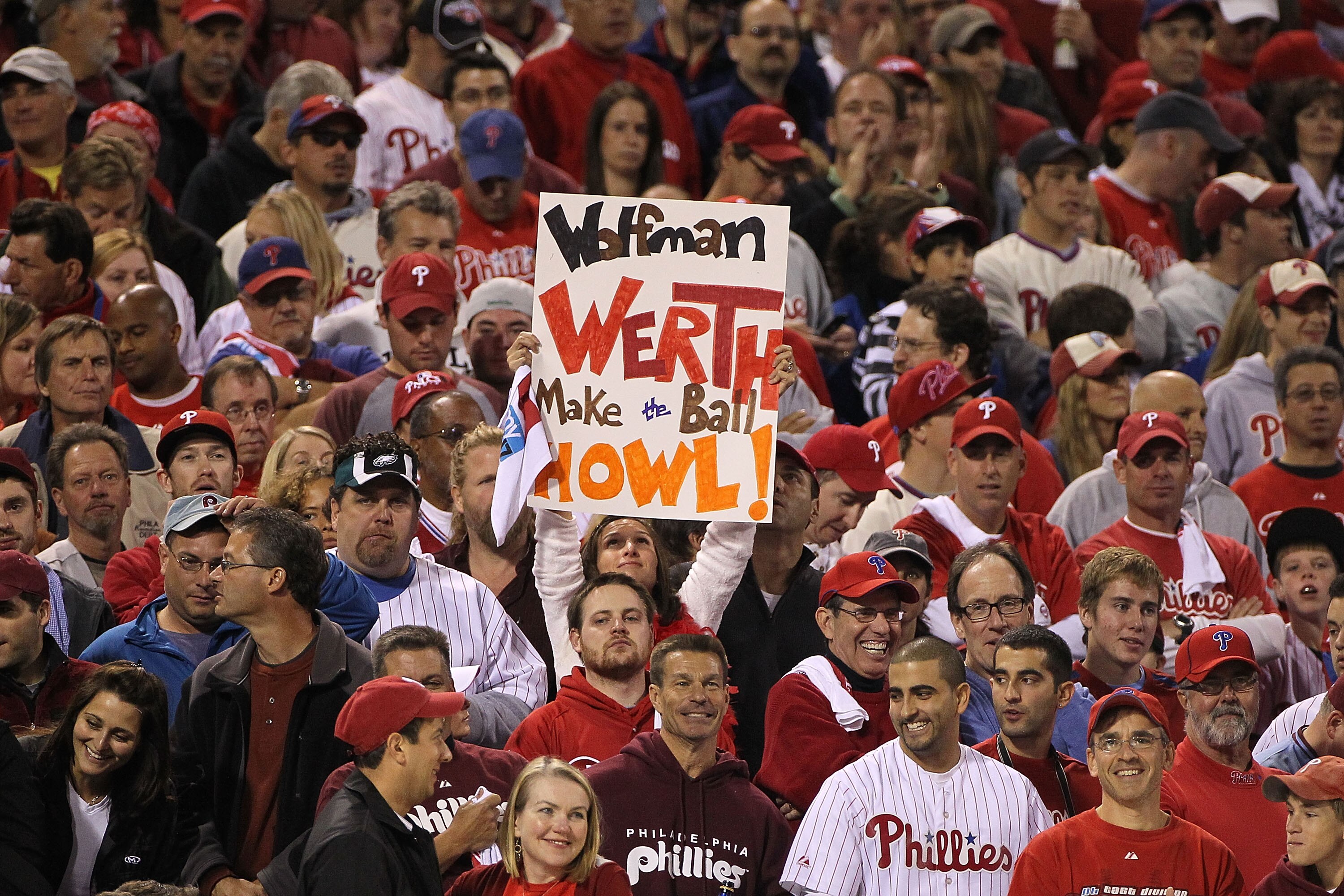 PHILADELPHIA - OCTOBER 17:  A Philadelphia Phillies fan holds up a sign as the Phillies take on the San Francisco Giants in Game Two of the NLCS during the 2010 MLB Playoffs at Citizens Bank Park on October 17, 2010 in Philadelphia, Pennsylvania.  (Photo