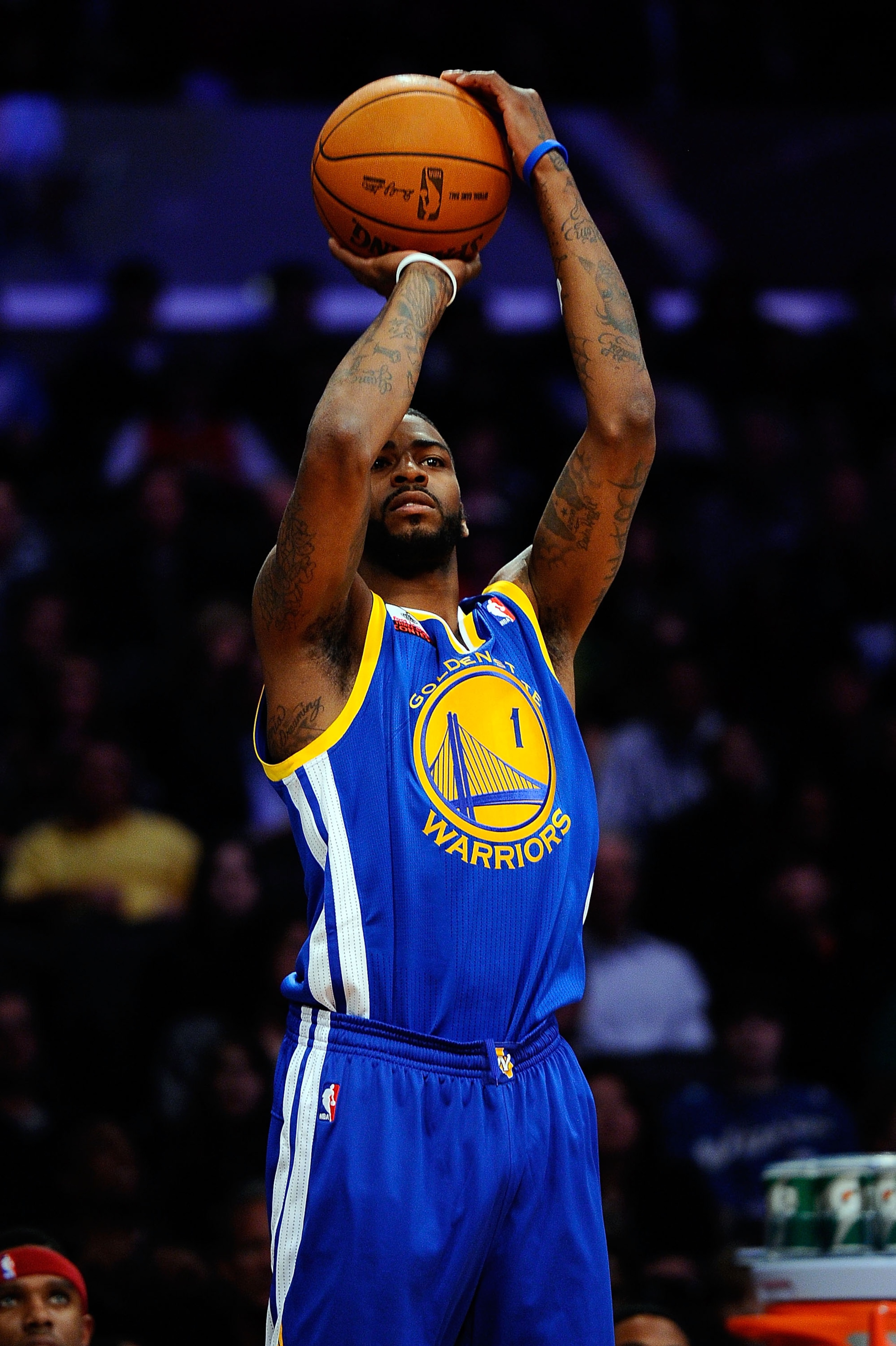 LOS ANGELES, CA - FEBRUARY 19:  Dorell Wright #1 of the Golden State Warriors competes in the Foot Locker Three-Point Contest apart of NBA All-Star Saturday Night at Staples Center on February 19, 2011 in Los Angeles, California.  (Photo by Kevork Djansez