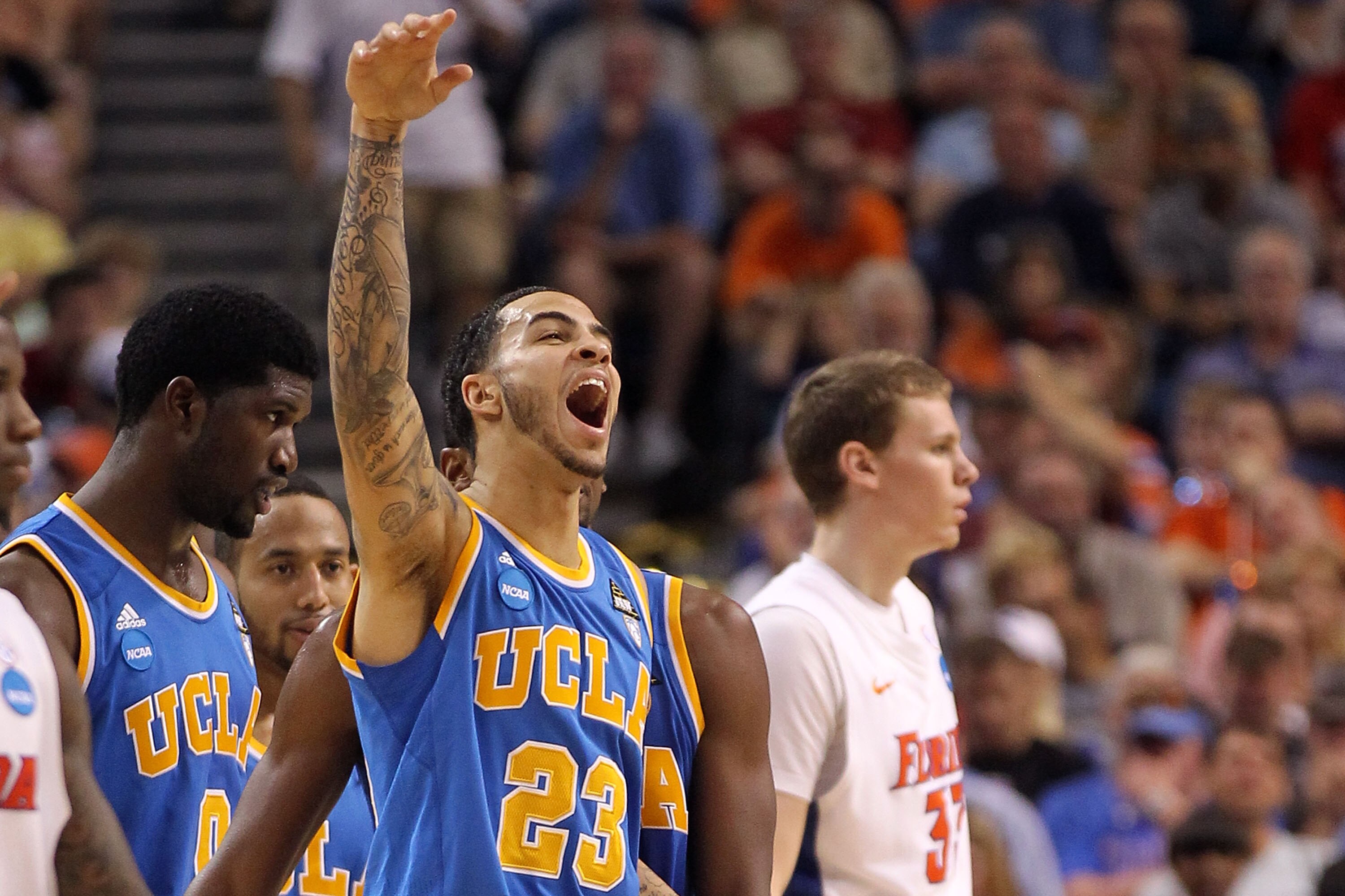 TAMPA, FL - MARCH 19:  Tyler Honeycutt #23 of the UCLA Bruins reacts against the Florida Gators during the third round of the 2011 NCAA men's basketball tournament at St. Pete Times Forum on March 19, 2011 in Tampa, Florida.  (Photo by Mike Ehrmann/Getty