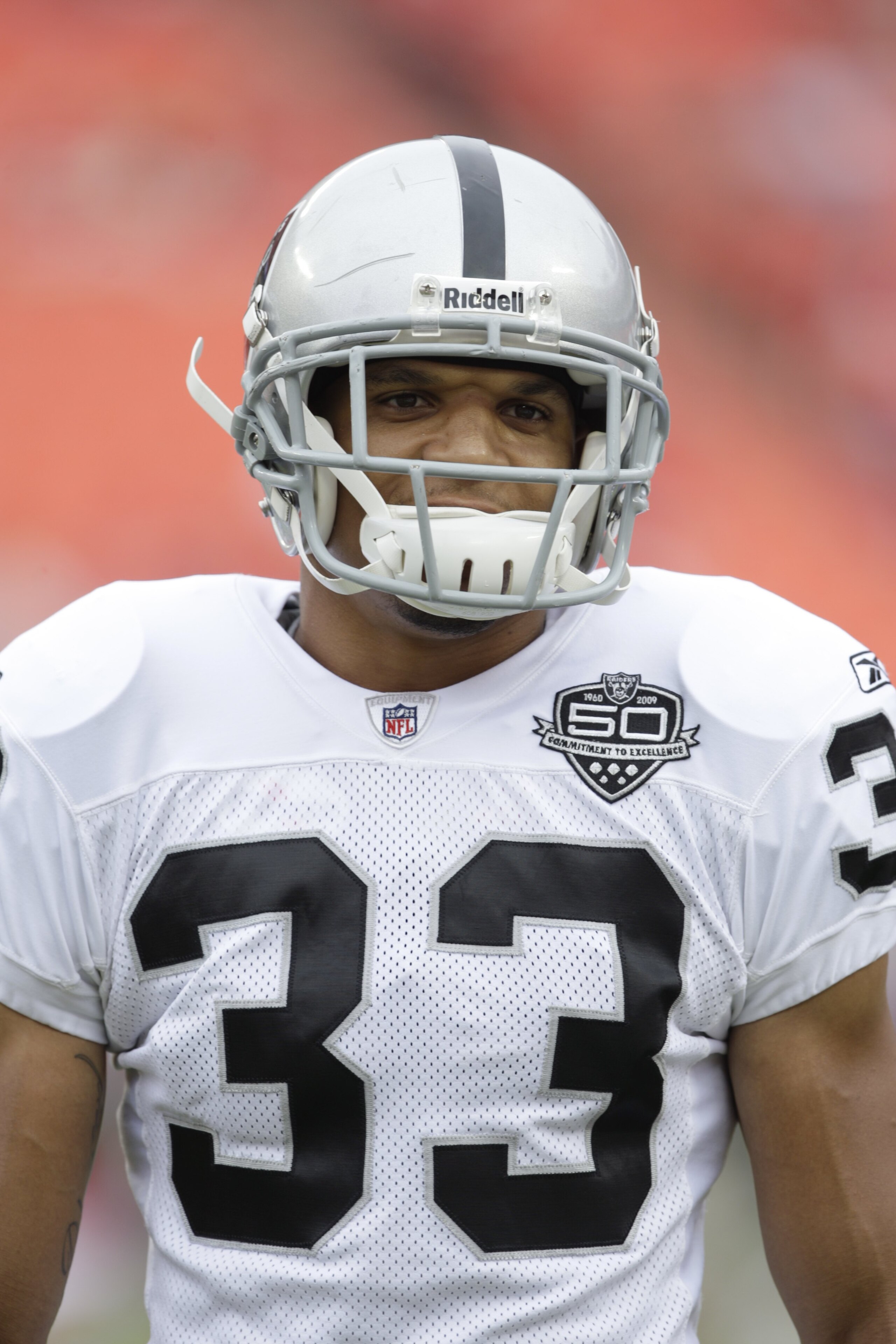 KANSAS CITY, MO - SEPTEMBER 20:  Tyvon Branch #33 of the Oakland Raiders looks on before the game against the Kansas City Chiefs at Arrowhead Stadium on September 20, 2009 in Kansas City, Missouri. (Photo by Jamie Squire/Getty Images)