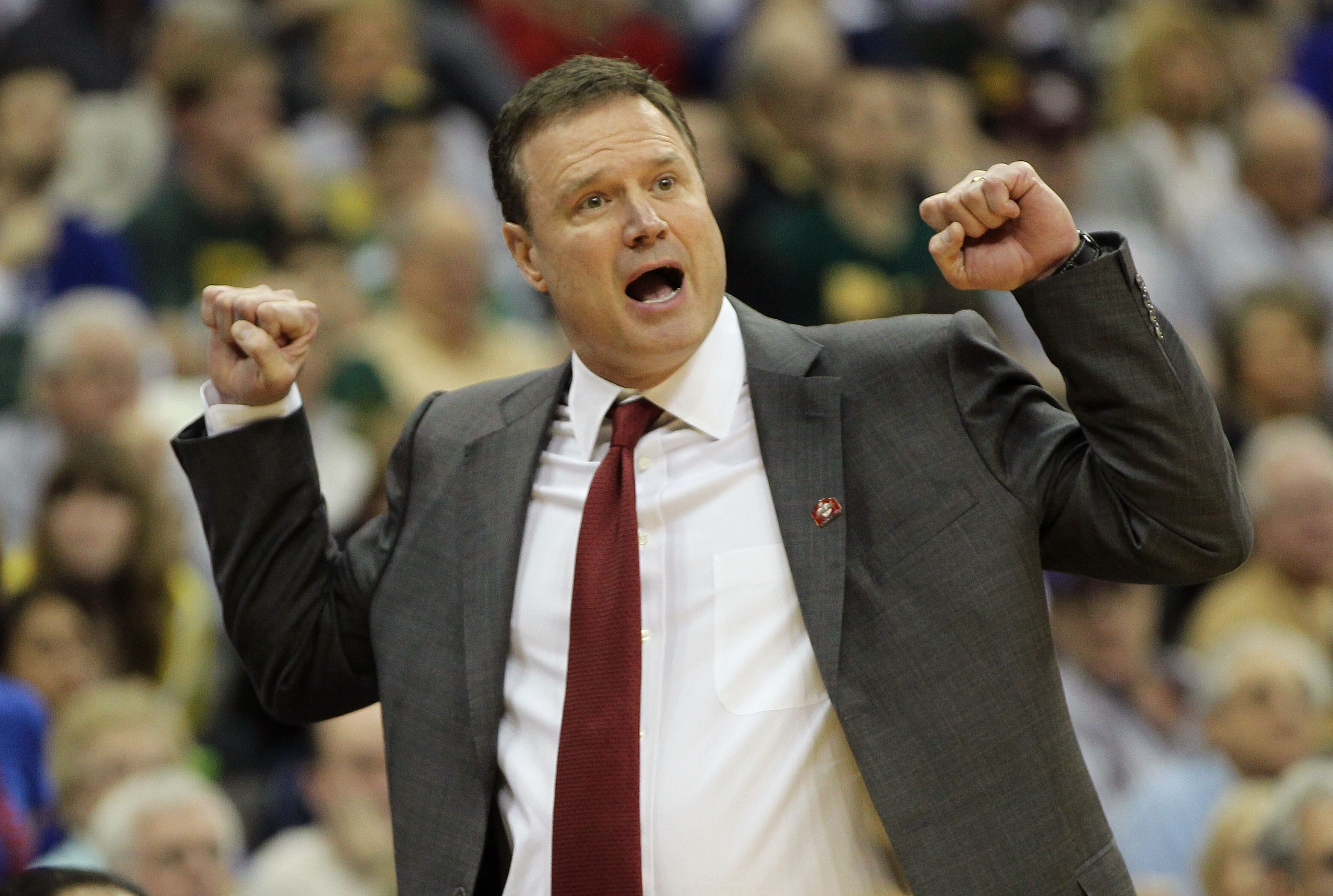 KANSAS CITY, MO - MARCH 11: Head coach Bill Self of the Kansas Jayhawks reacts to a play during their semifinal game against the Colorado Buffaloes in the 2011 Phillips 66 Big 12 Men's Basketball Tournament at Sprint Center on March 11, 2011 in Kansas Ci KANSAS CITY, MO - MARCH 11: Head coach Bill Self of the Kansas Jayhawks reacts to a play during their semifinal game against the Colorado Buffaloes in the 2011 Phillips 66 Big 12 Men's Basketball Tournament at Sprint Center on March 11, 2011 in Kansas Ci