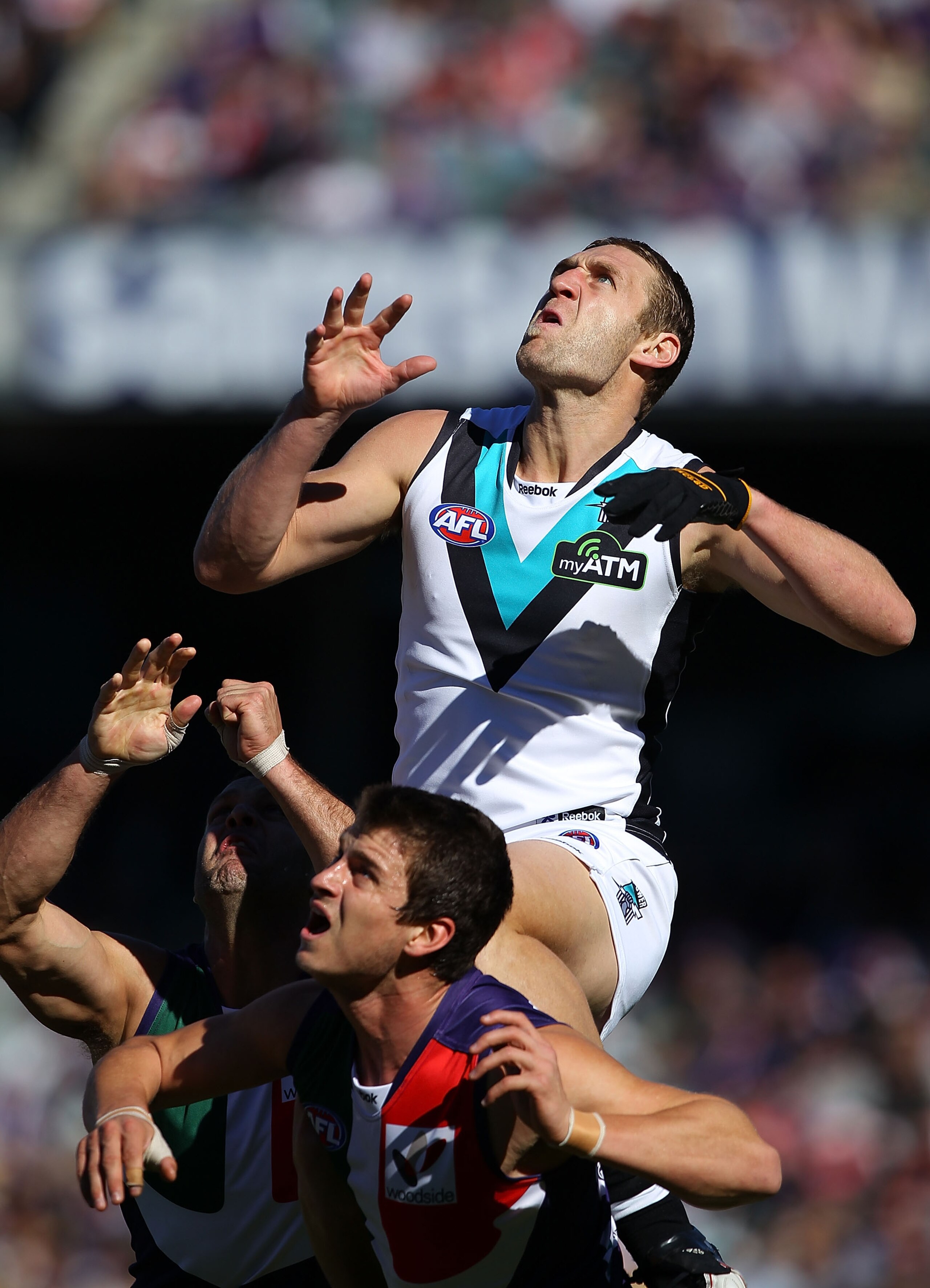 PERTH, AUSTRALIA - JULY 03:  Jay Schulz of the Power flys for a mark during the round 14 AFL match between the Fremantle Dockers and the Port Adelaide Power at Subiaco Oval on July 3, 2010 in Perth, Australia.  (Photo by Paul Kane/Getty Images)