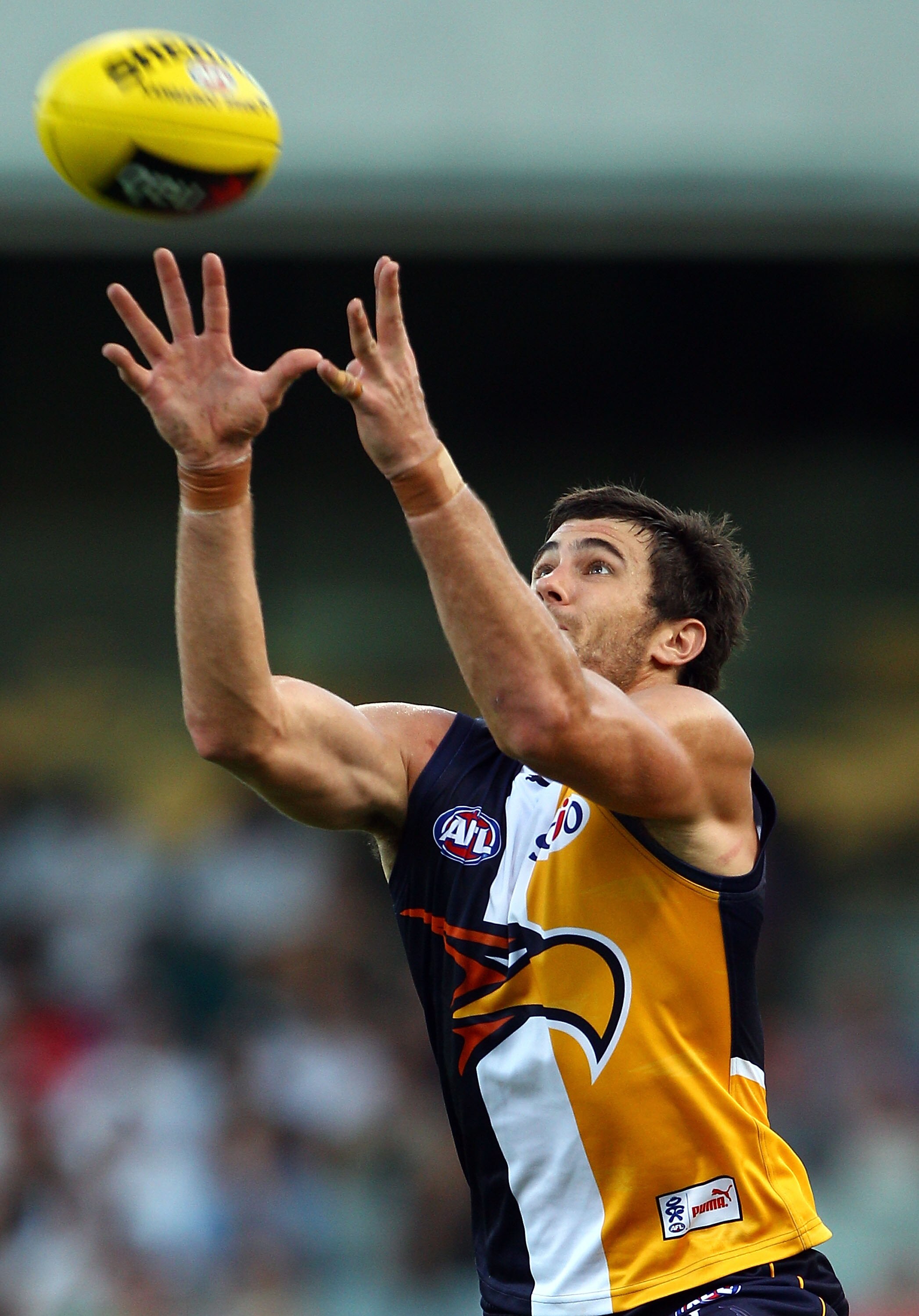 PERTH, AUSTRALIA - FEBRUARY 27:  Josh Kennedy of the Eagles marks the ball during the NAB Cup Quarter Final match between the West Coast Eagles and the Gold Coast Suns at Patersons Stadium on February 27, 2011 in Perth, Australia.  (Photo by Paul Kane/Get