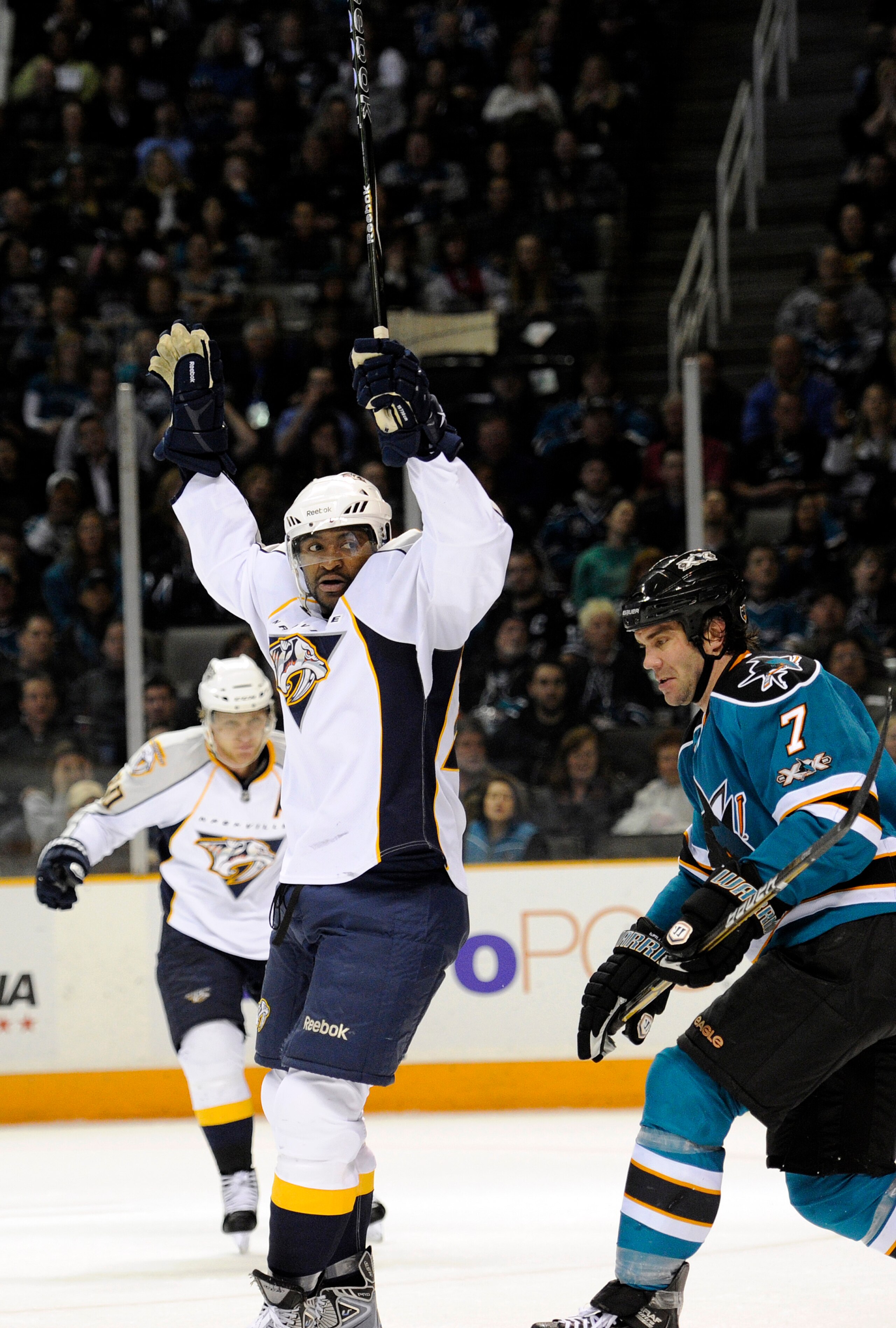 SAN JOSE, CA - MARCH 8: Joel Ward #29 of the Nashville Predators celebrates after scoring a power play goal against the San Jose Sharks in the first period of an NHL hockey game at the HP Pavilion on March 8, 2011 in San Jose, California. (Photo by Thearo