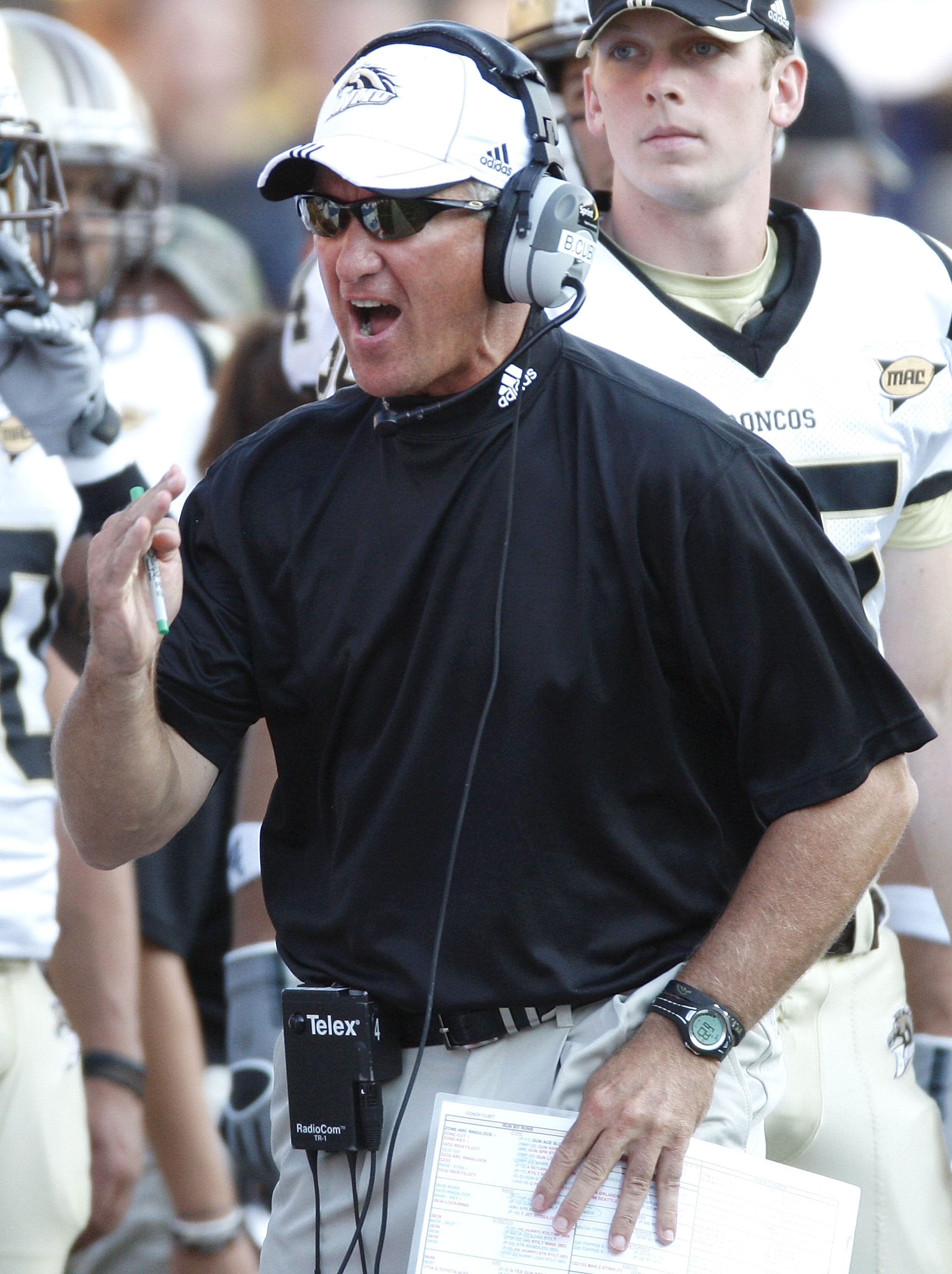 ANN ARBOR, MI - SEPTEMBER 05:  Head coach Bill Cubit of the Western Michigan Broncos yells on the sideline while playing the Michigan Wolverines on September 5, 2009 at Michigan Stadium in Ann Arbor, Michigan. Michigan won the game 31-7. (Photo by Gregory