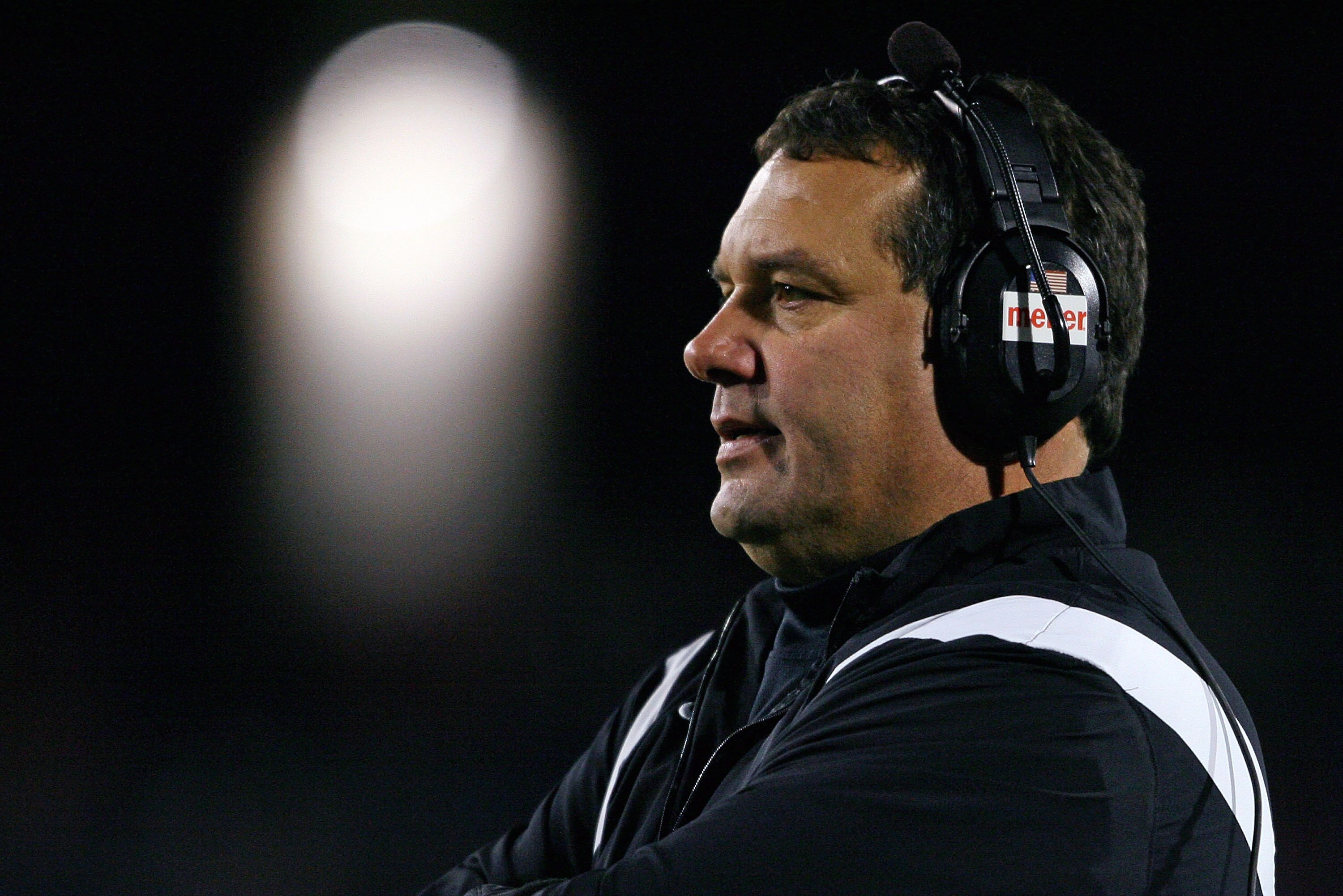 MUNCIE, IN - NOVEMBER 25:  Head coach Brady Hoke of the Ball State Cardinals watches the Mid-American Conference (MAC) game against the Western Michigan Broncos at Scheumann Stadium November 25, 2008 in Muncie, Indiana.  (Photo by Andy Lyons/Getty Images)