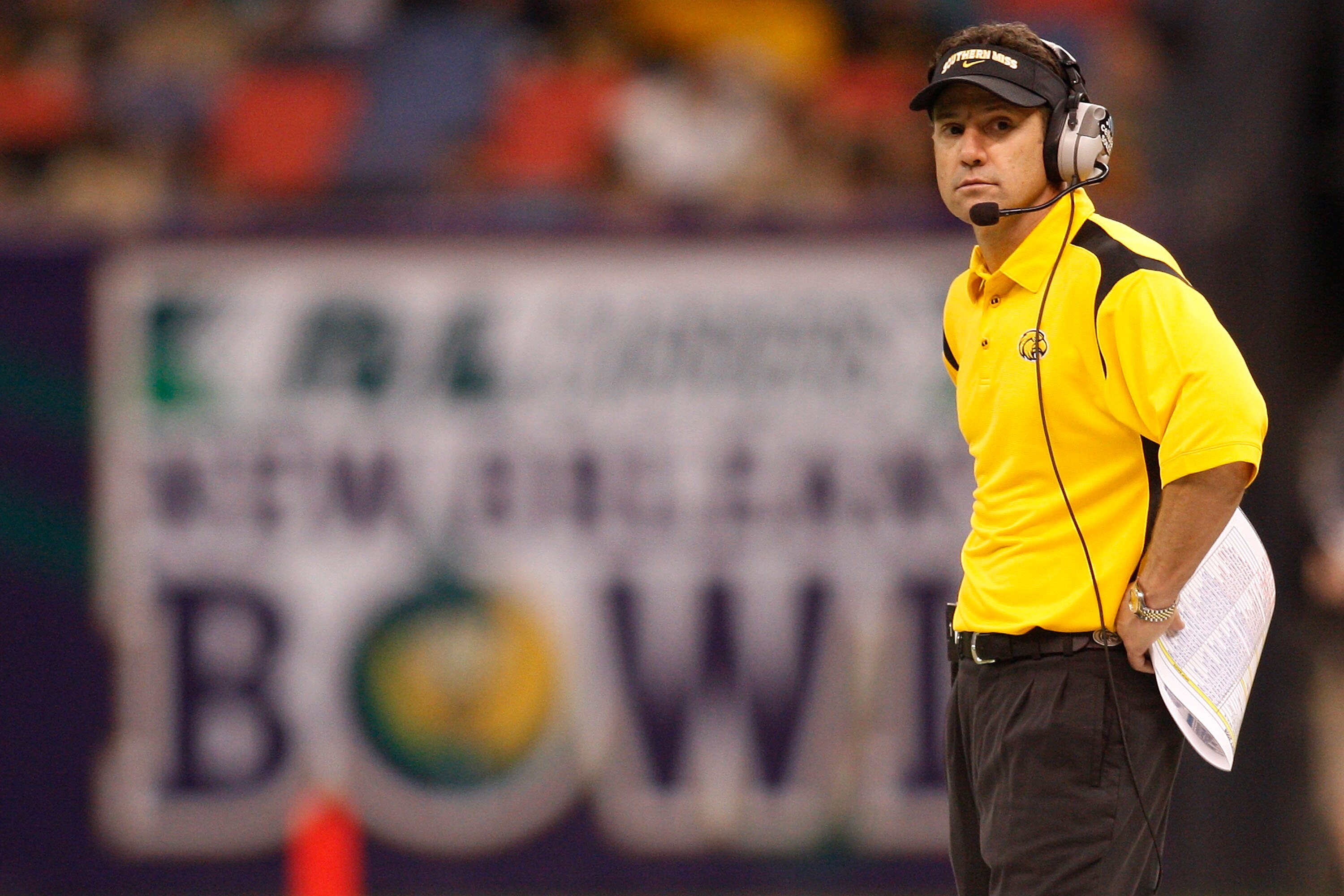 NEW ORLEANS - DECEMBER 21: Head coach Larry Fedora of the Southern Mississippi Golden Eagles watches a play against the Troy Trojans in the R+L Carriers New Orleans Bowl on December 21, 2008 at the Superdome in New Orleans, Louisiana. The Eagles defeated 