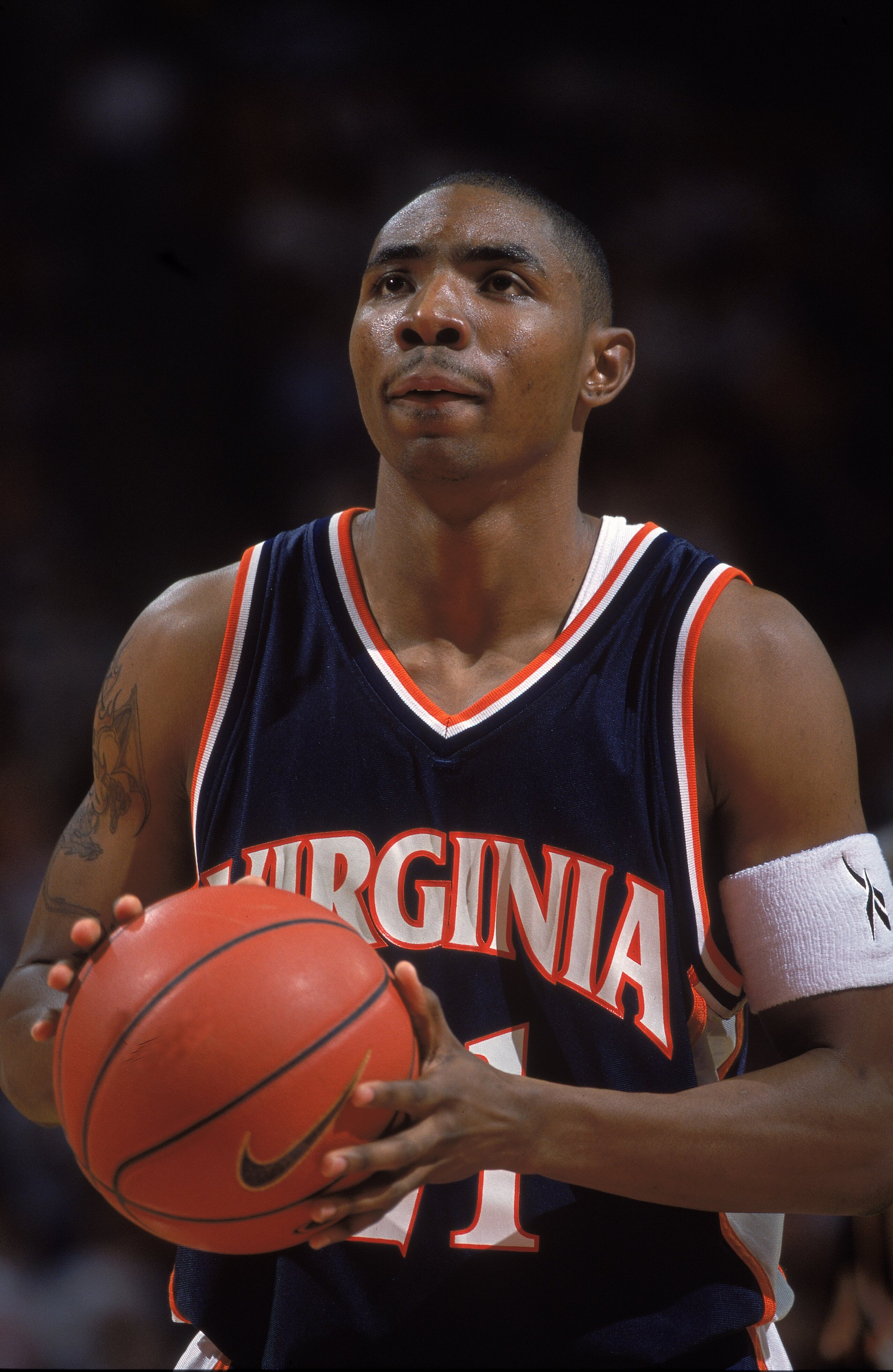 3 Mar 2001:  Roger Mason #21 of the Virginia Cavaliers lines up a free throw during the game against the Maryland Terrapins at the College Fieldhouse in College Park, Maryland.  The Terrapins defeated the Cavaliers 102-67.Mandatory Credit: Doug Pensinger