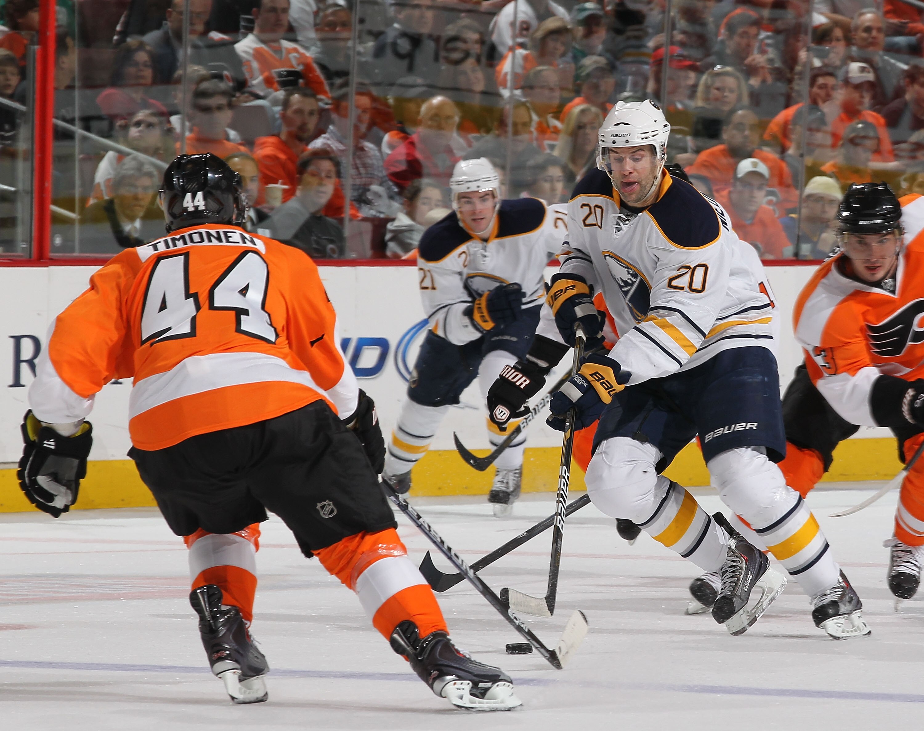 PHILADELPHIA - MARCH 05:  Rob Niedermayer #20 of the Buffalo Sabres in action against Kimmo Timonen #44 of The Philadelphia Flyers during their game on March 5, 2011 at The Wells Fargo Center in Philadelphia, Pennsylvania.  (Photo by Al Bello/Getty Images