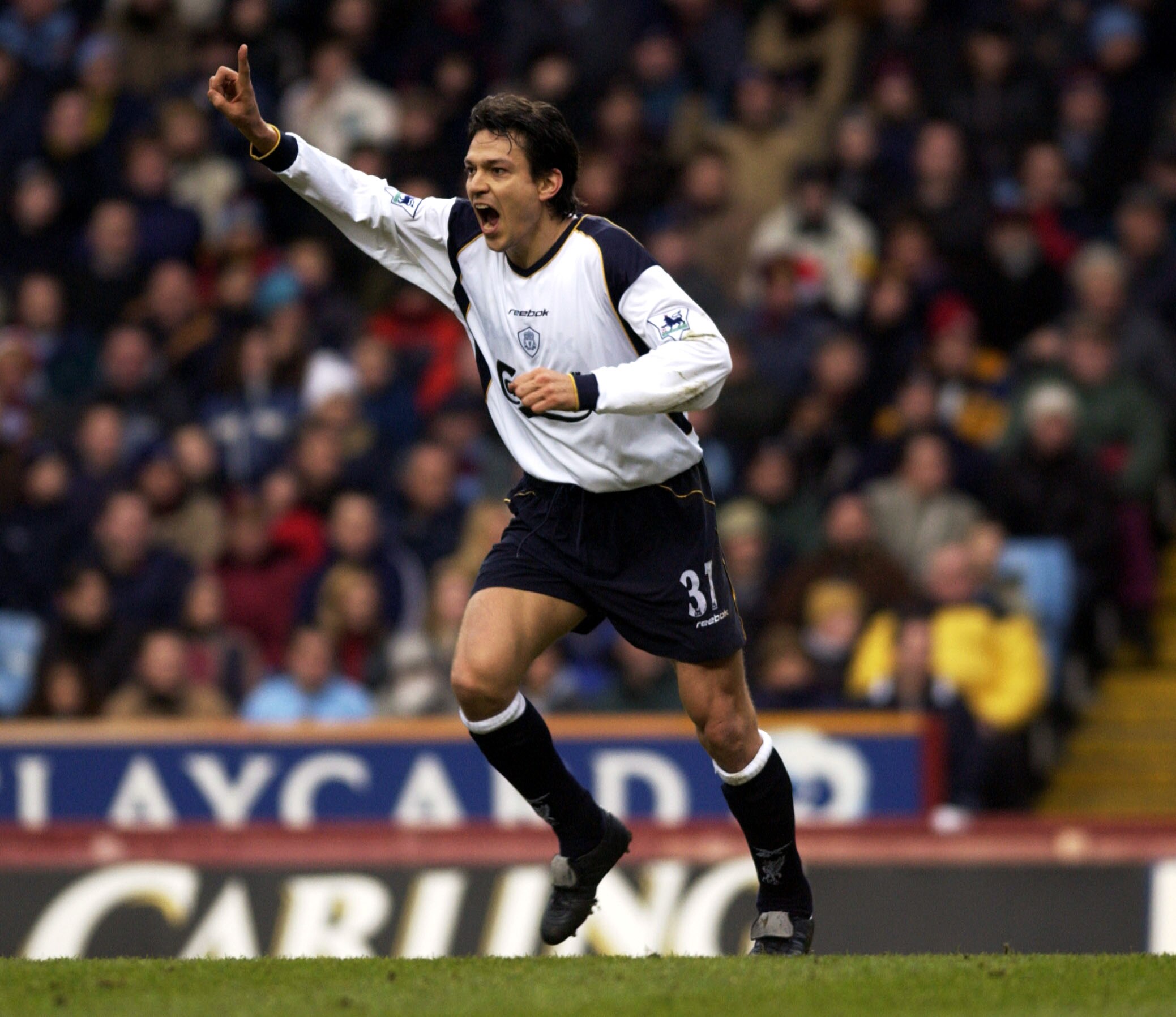 26 Dec 2001:  Jari Litmanen of Liverpool celebrates his goal during the match between Aston Villa and Liverpool in the FA Barclaycard Premiership at Villa Park, Birmingham. DIGITAL IMAGE                                              \ Mandatory Credit: Stu