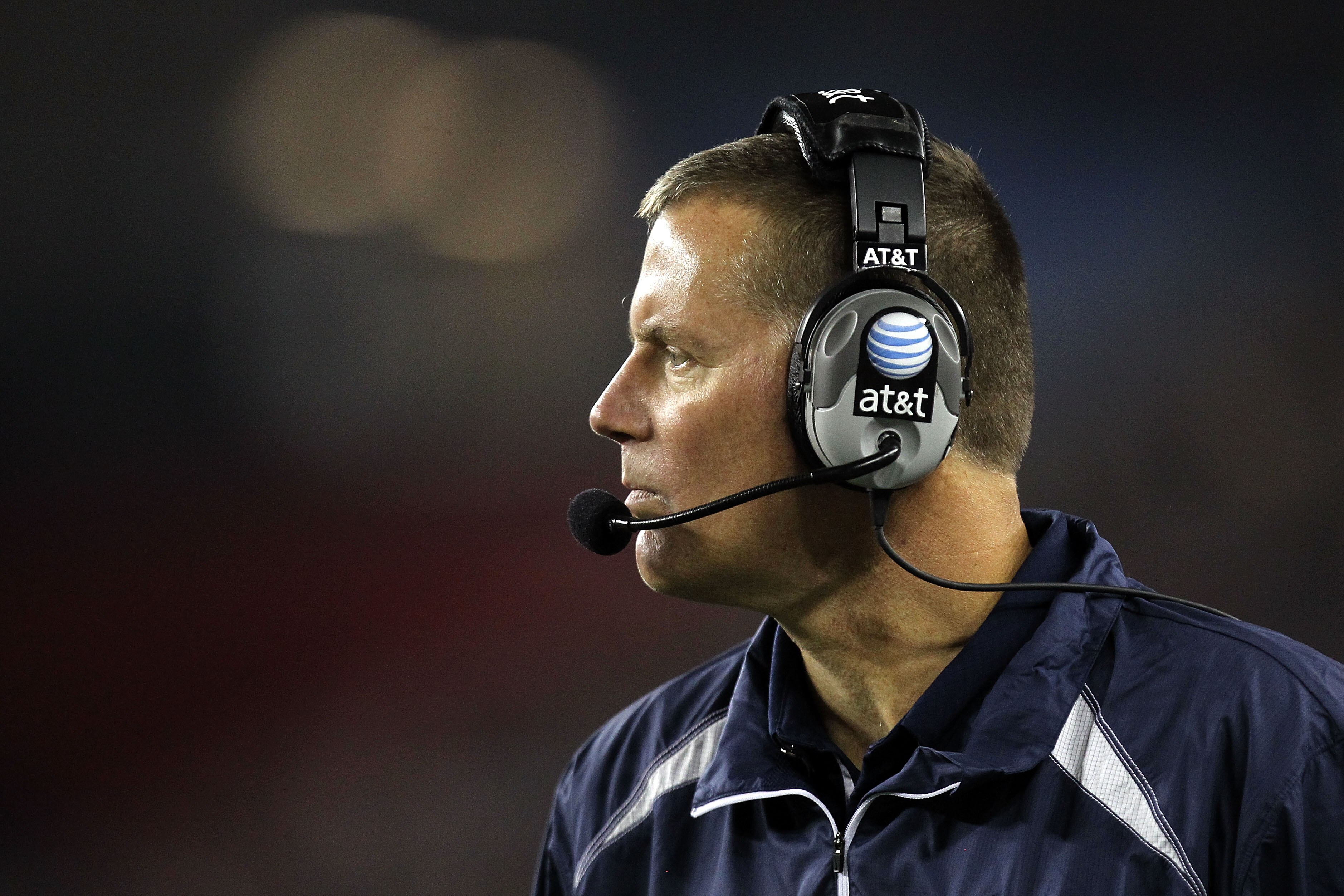 GLENDALE, AZ - JANUARY 01:  Head coach Randy Edall of the Connecticut Huskies looks on in the first half while taking on the Oklahoma Sooners during the Tostitos Fiesta Bowl at the Universtity of Phoenix Stadium on January 1, 2011 in Glendale, Arizona.  (