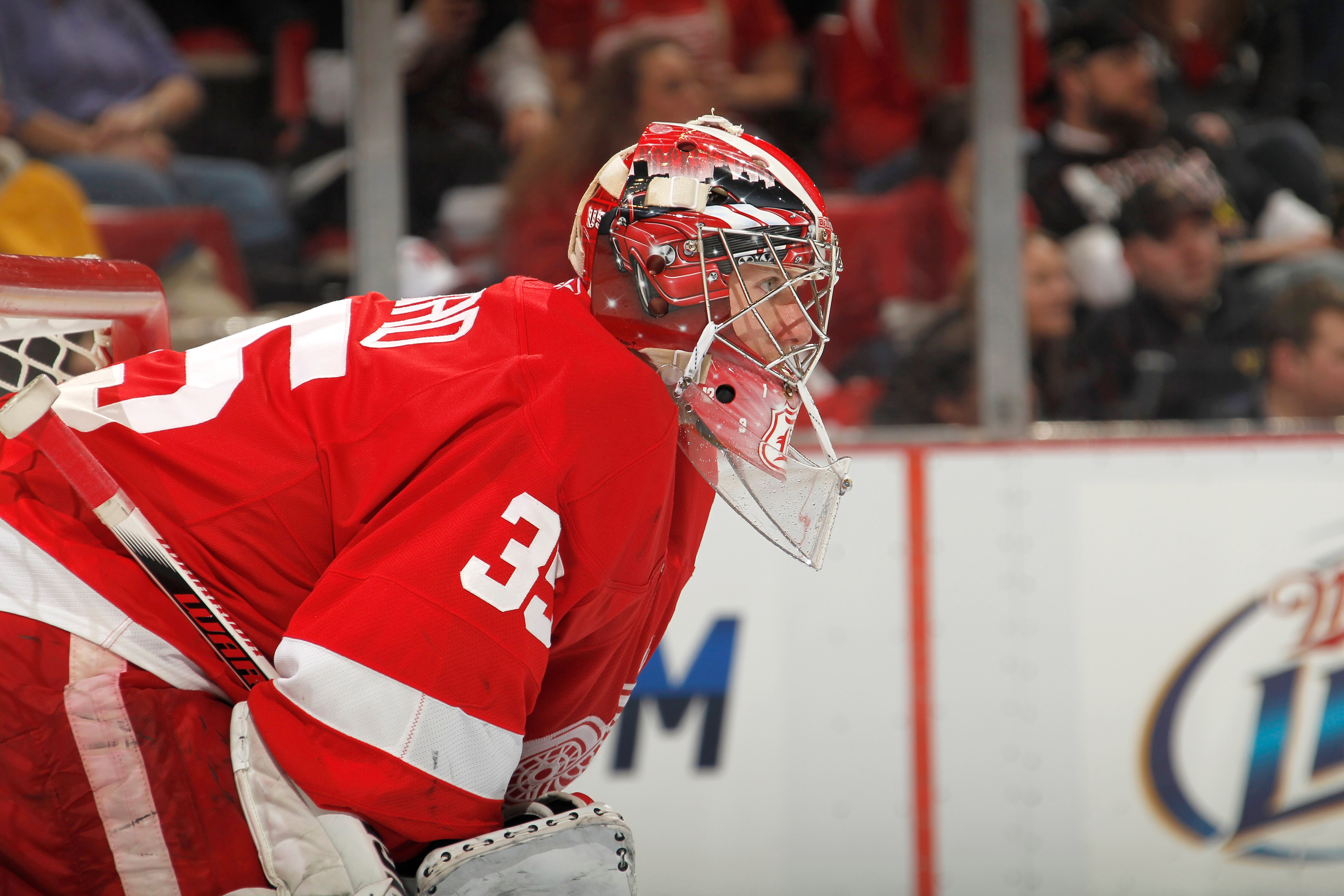 DETROIT, MI - FEBRUARY 24:  Jimmy Howard #35 of the Detroit Red Wings watches the puck while playing against the Dallas Stars on February 24, 2011 at Joe Louis Arena in Detroit, Michigan.  (Photo by Gregory Shamus/Getty Images)