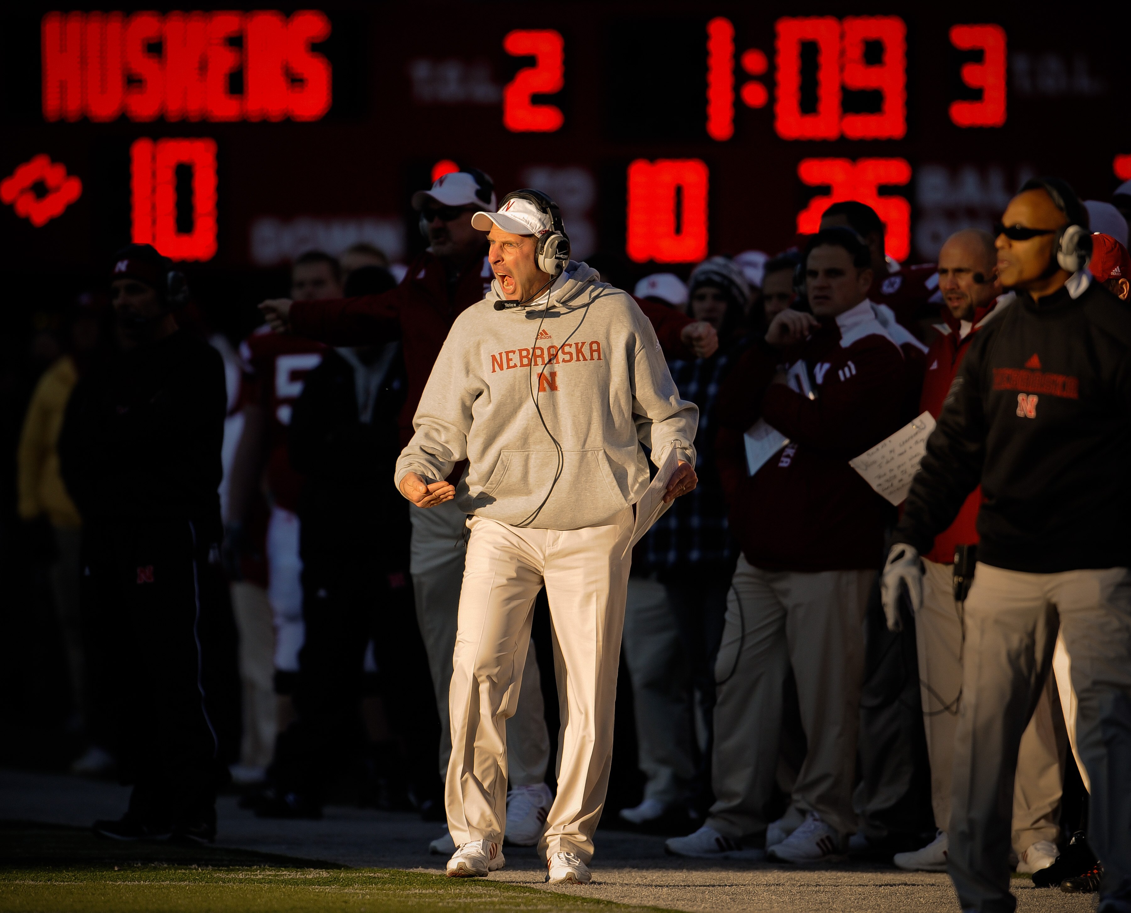 LINCOLN, NE - NOVEMBER 26: Coach Bo Pelini of the Nebraska Cornhuskers  during their game against the Colorado Buffaloes at Memorial Stadium on November 26, 2010 in Lincoln, Nebraska. Nebraska defeated Colorado 45-17 (Photo by Eric Francis/Getty Images)