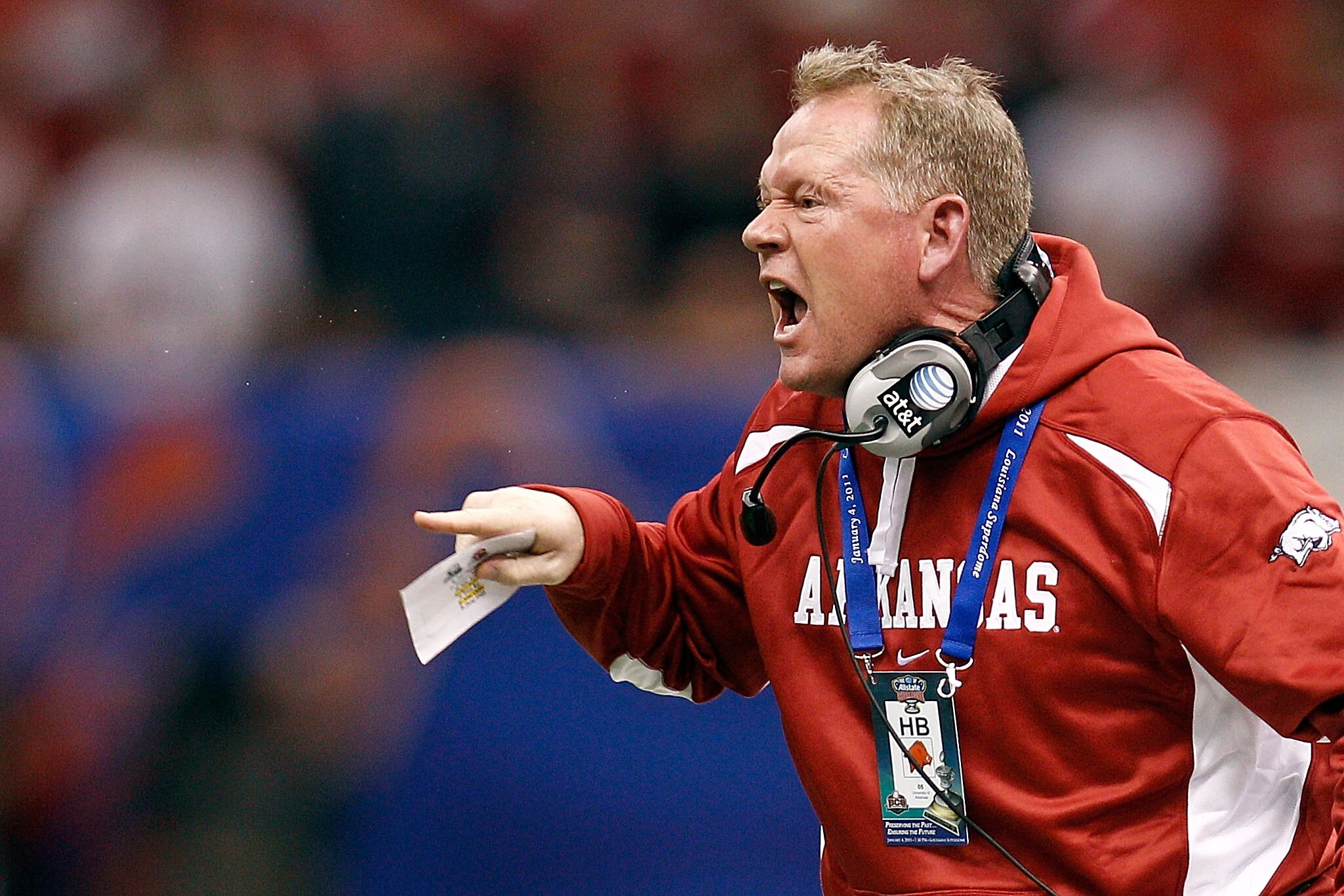 NEW ORLEANS, LA - JANUARY 04:  Head coach Bobby Petrino of the Arkansas Razorbacks reacts in the first half against the Ohio State Buckeyes during the Allstate Sugar Bowl at the Louisiana Superdome on January 4, 2011 in New Orleans, Louisiana.  (Photo by 
