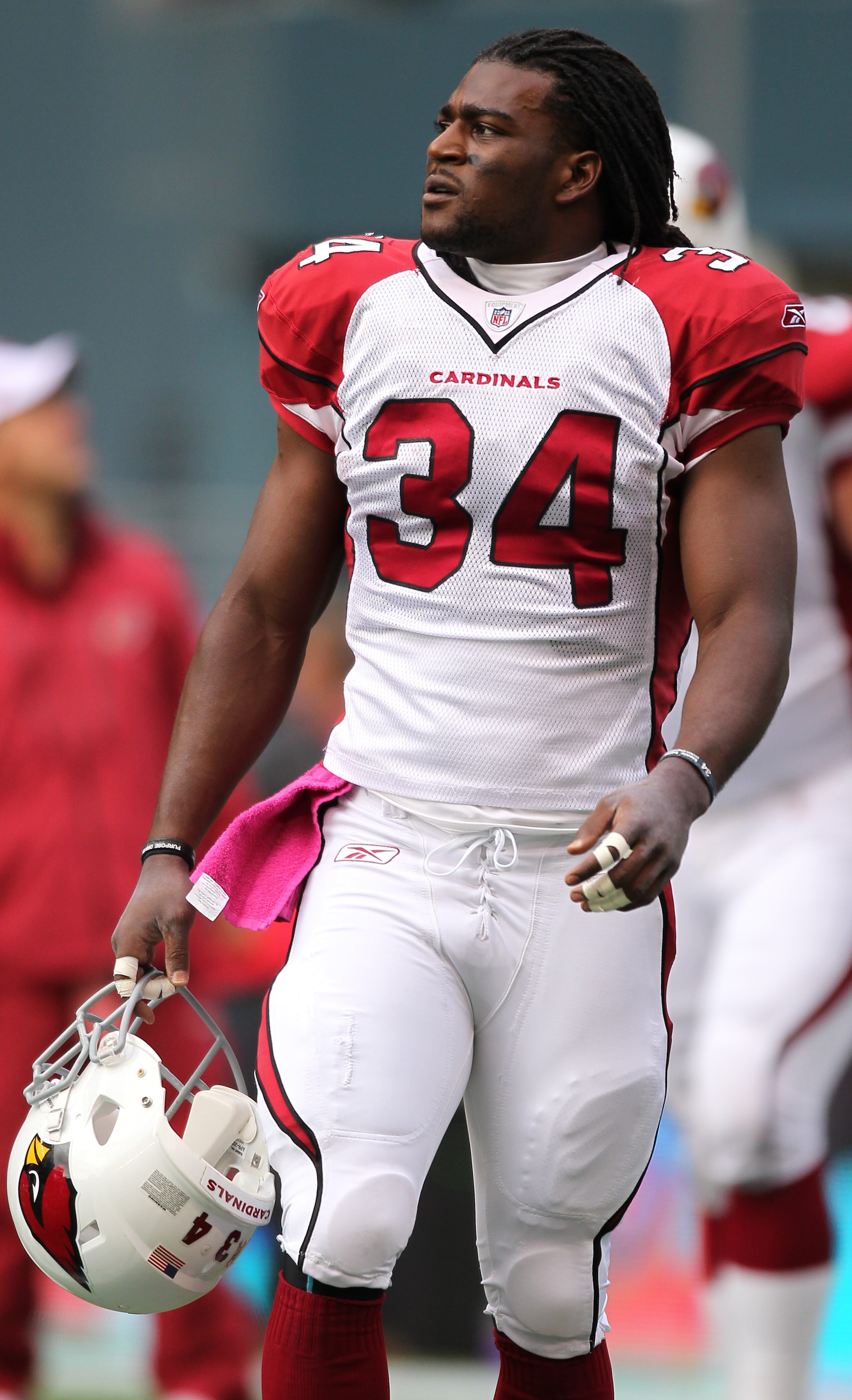 SEATTLE - OCTOBER 24:  Running back Tim Hightower #34 of the Arizona Cardinals looks on during warmups prior to the game against the Seattle Seahawks at Qwest Field on October 24, 2010 in Seattle, Washington. (Photo by Otto Greule Jr/Getty Images)