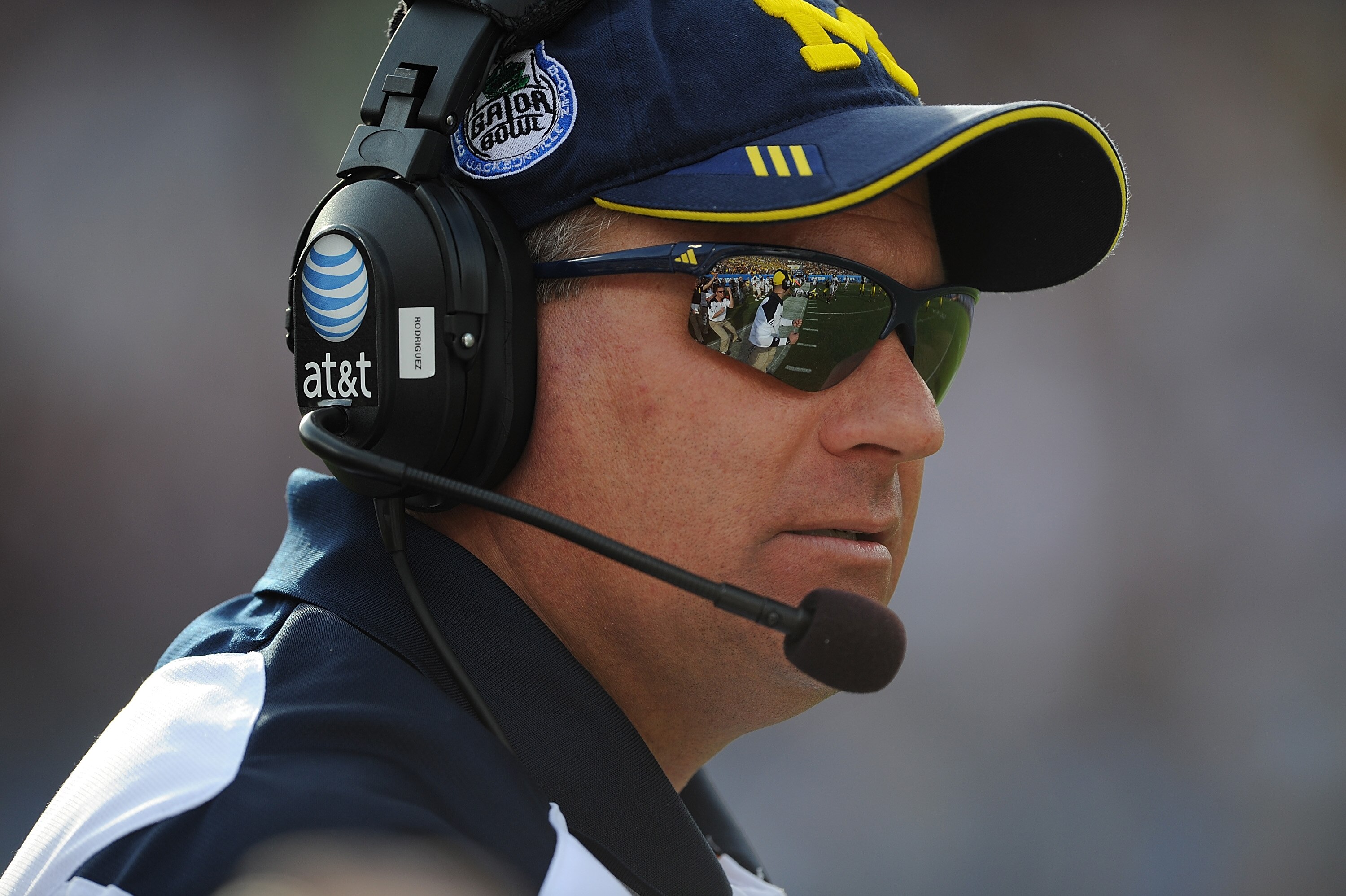 JACKSONVILLE, FL - JANUARY 01:  Head Coach Rich Rodriguez of the University of Michigan Wolverines during the Gator Bowl at EverBank Field on January 1, 2011 in Jacksonville, Florida  (Photo by Rick Dole/Getty Images)