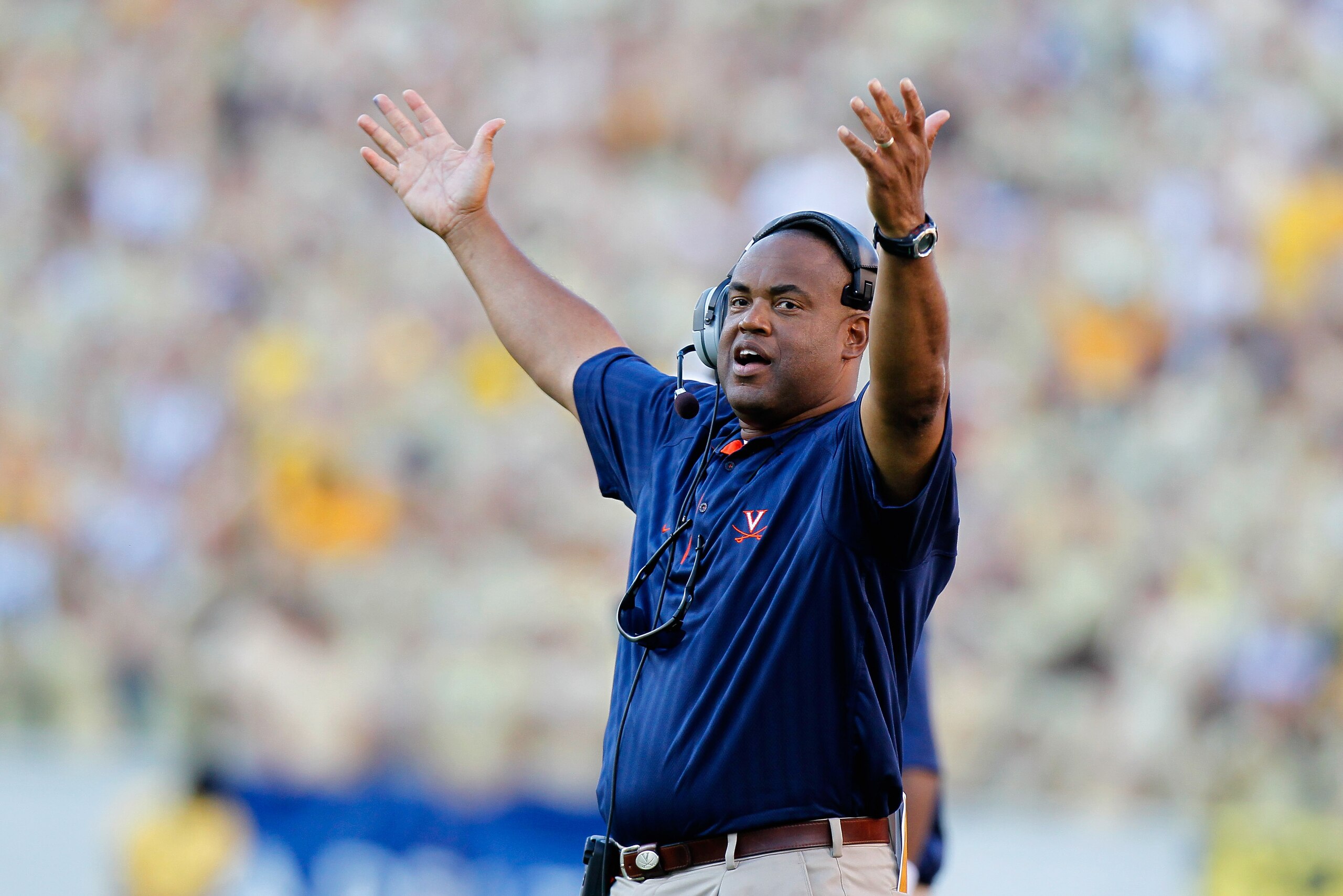ATLANTA - OCTOBER 09:  Head coach Mike London of the Virginia Cavaliers questions a call during the game against the Georgia Tech Yellow Jackets at Bobby Dodd Stadium on October 9, 2010 in Atlanta, Georgia.  (Photo by Kevin C. Cox/Getty Images)