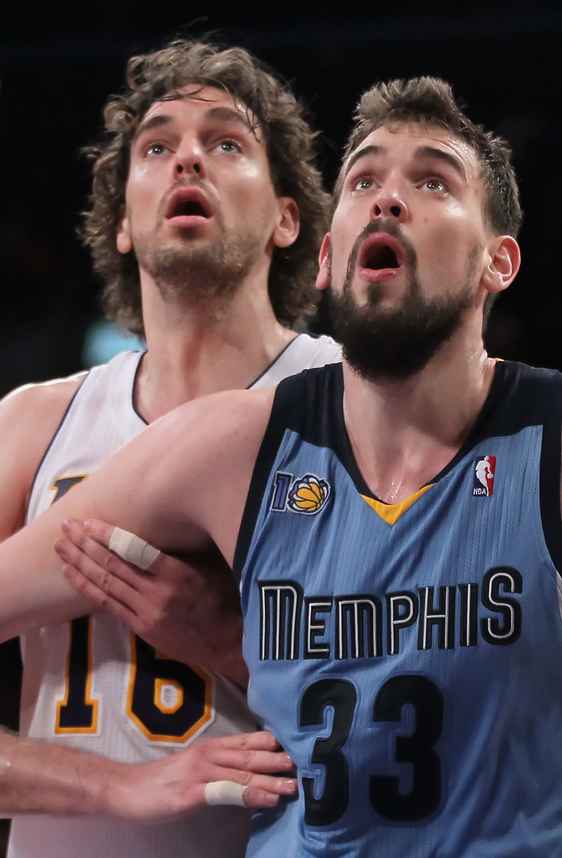 LOS ANGELES, CA - JANUARY 02:  Pau Gasol #16 of the Los Angeles Lakers is boxed out by Marc Gasol #33 of the Memphis Grizzlies during the second half at Staples Center on January 2, 2011 in Los Angeles, California. The Grizzlies defeated the Lakers 104-85