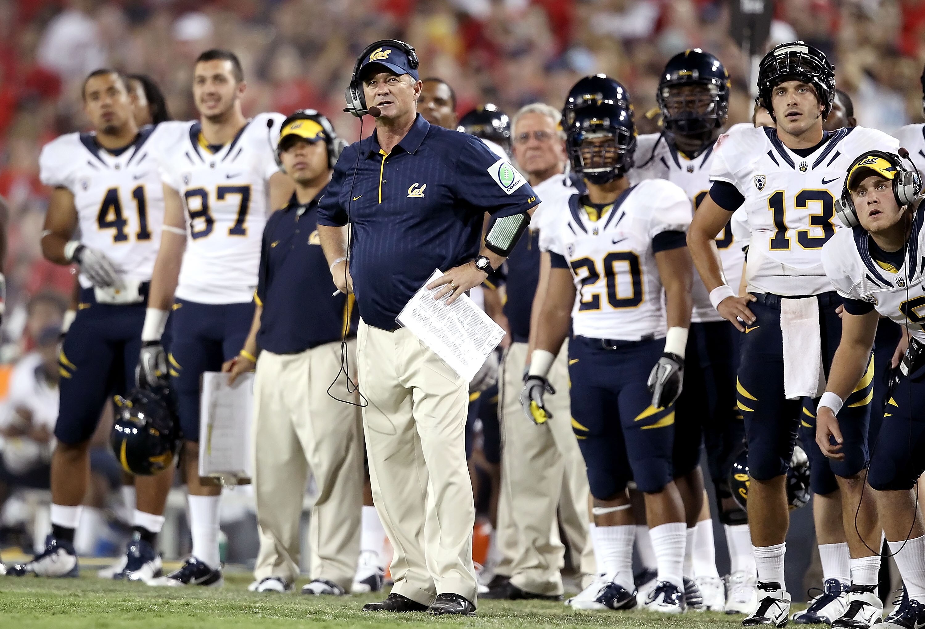 TUCSON, AZ - SEPTEMBER 25:  Head coach Jeff Tedford of the California Golden Bears watches as his team misses a 33 yard field goal during the third quarter of the college football game against the Arizona Wildcats at Arizona Stadium on September 25, 2010 