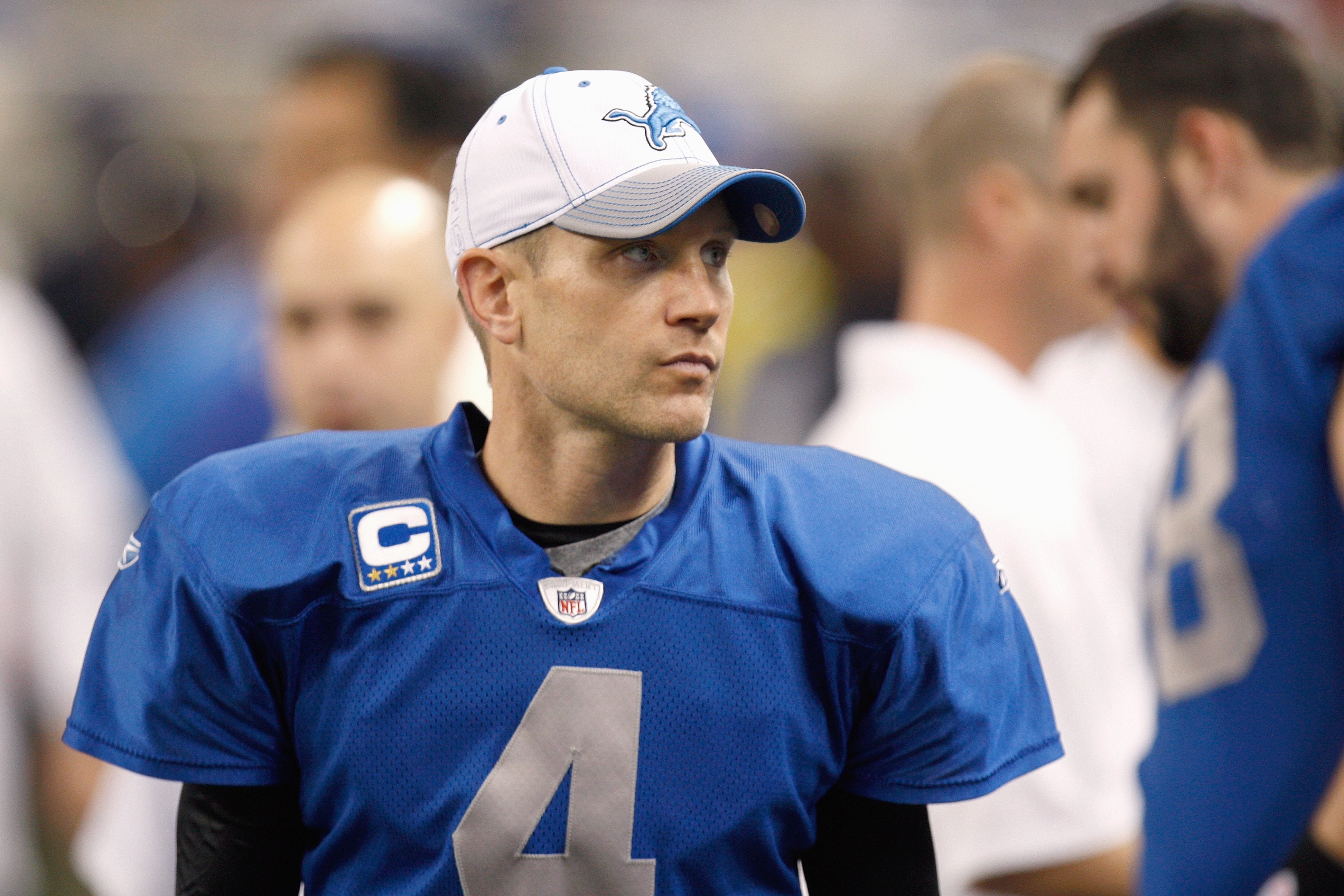 DETROIT , MI - NOVEMBER 27:  Kicker Jason Hanson #4 of the Detroit Lions walks on the sidelines during the game against the Tennessee Titans on November 27, 2008 at Ford Field in Detroit, Michigan. Tennessee won the game 47-10. (Photo by Gregory Shamus/Ge