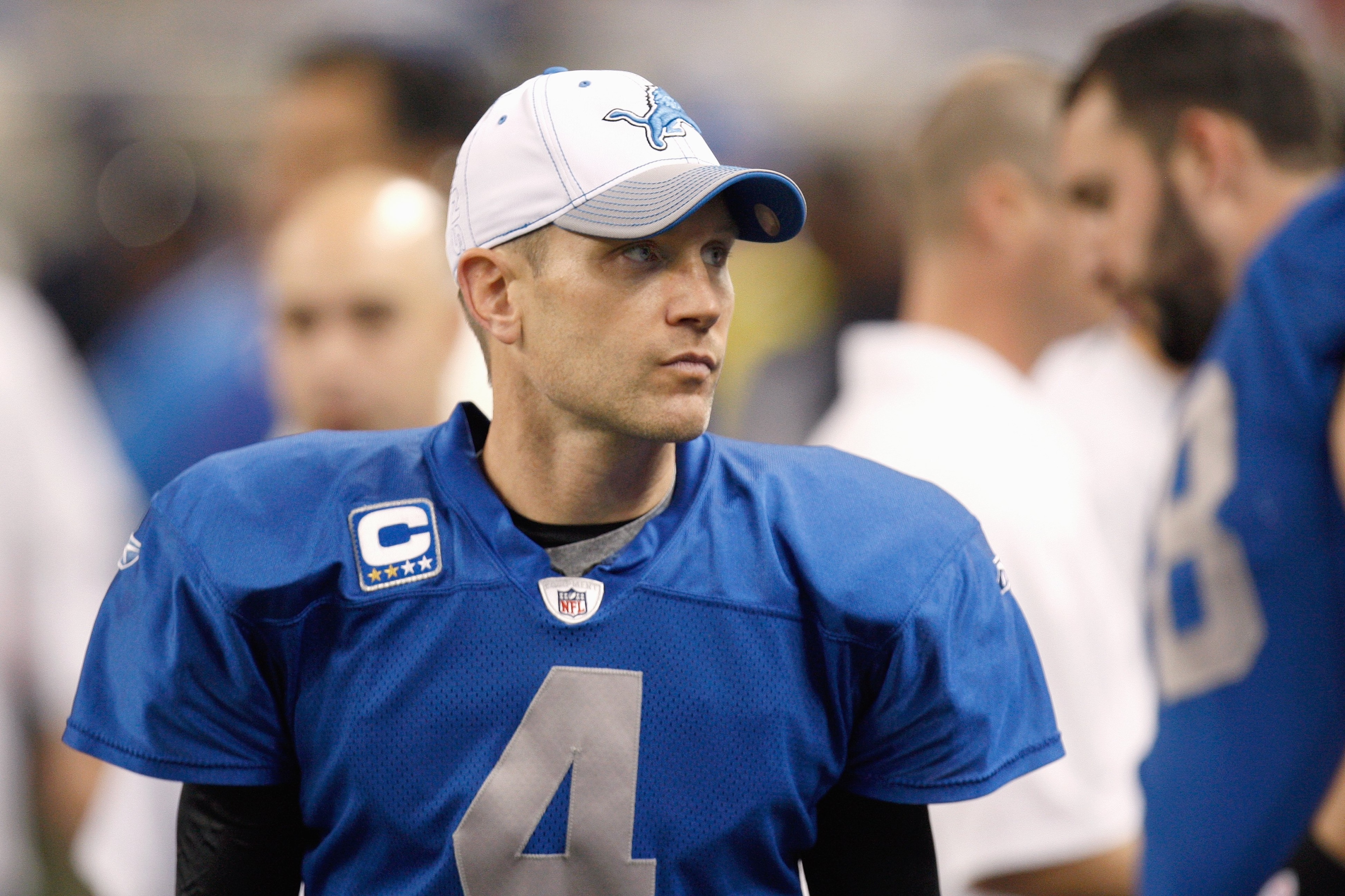 DETROIT , MI - NOVEMBER 27:  Kicker Jason Hanson #4 of the Detroit Lions walks on the sidelines during the game against the Tennessee Titans on November 27, 2008 at Ford Field in Detroit, Michigan. Tennessee won the game 47-10. (Photo by Gregory Shamus/Ge