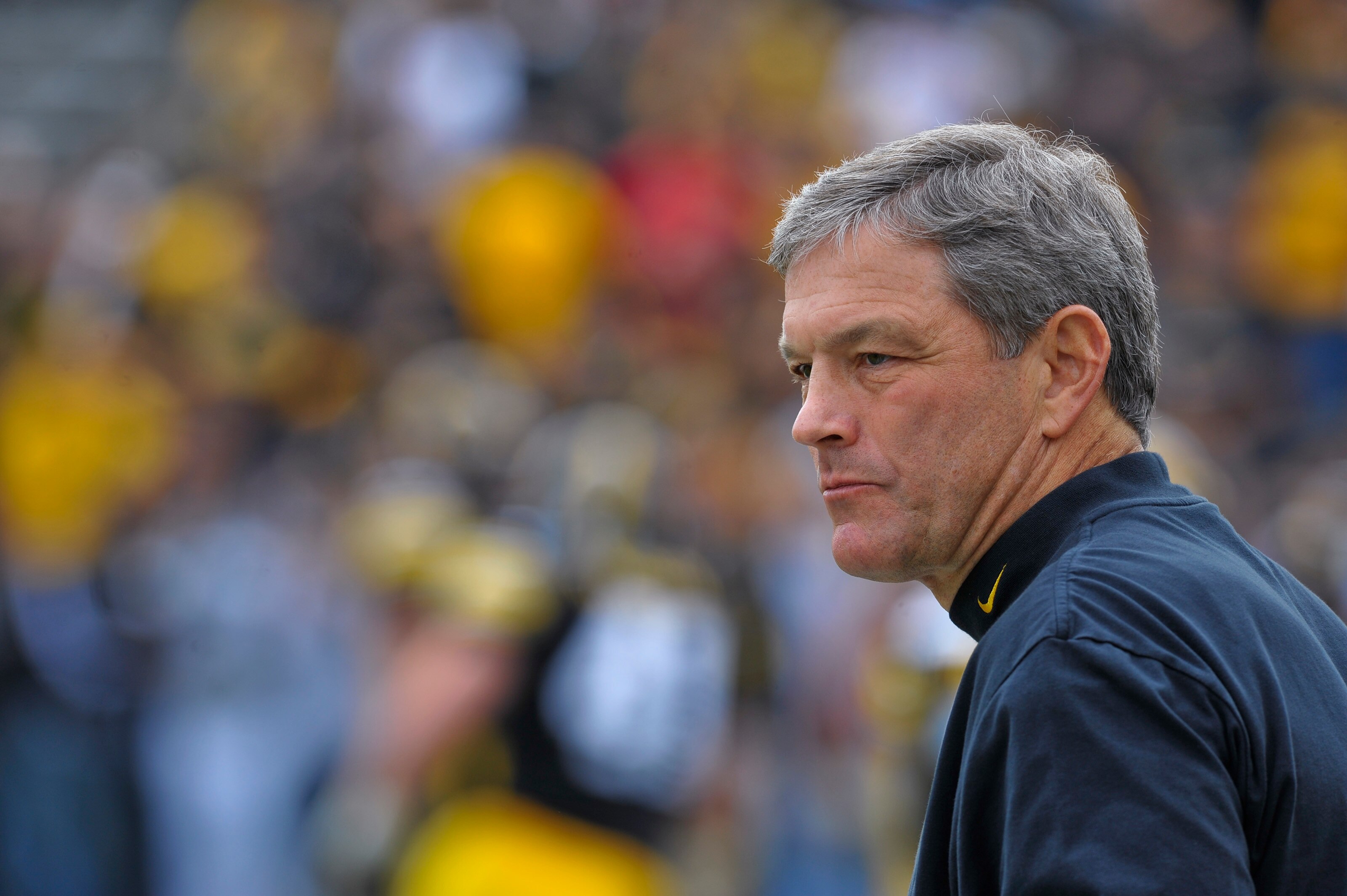 IOWA CITY, IA - OCTOBER 23- Kirk Ferentz head coach of the University of Iowa Hawkeyes looks on from the sidelines during the  second half against the Wisconsin Badgers during the first half of play at Kinnick Stadium on October 23, 2010 in Iowa City, Iow