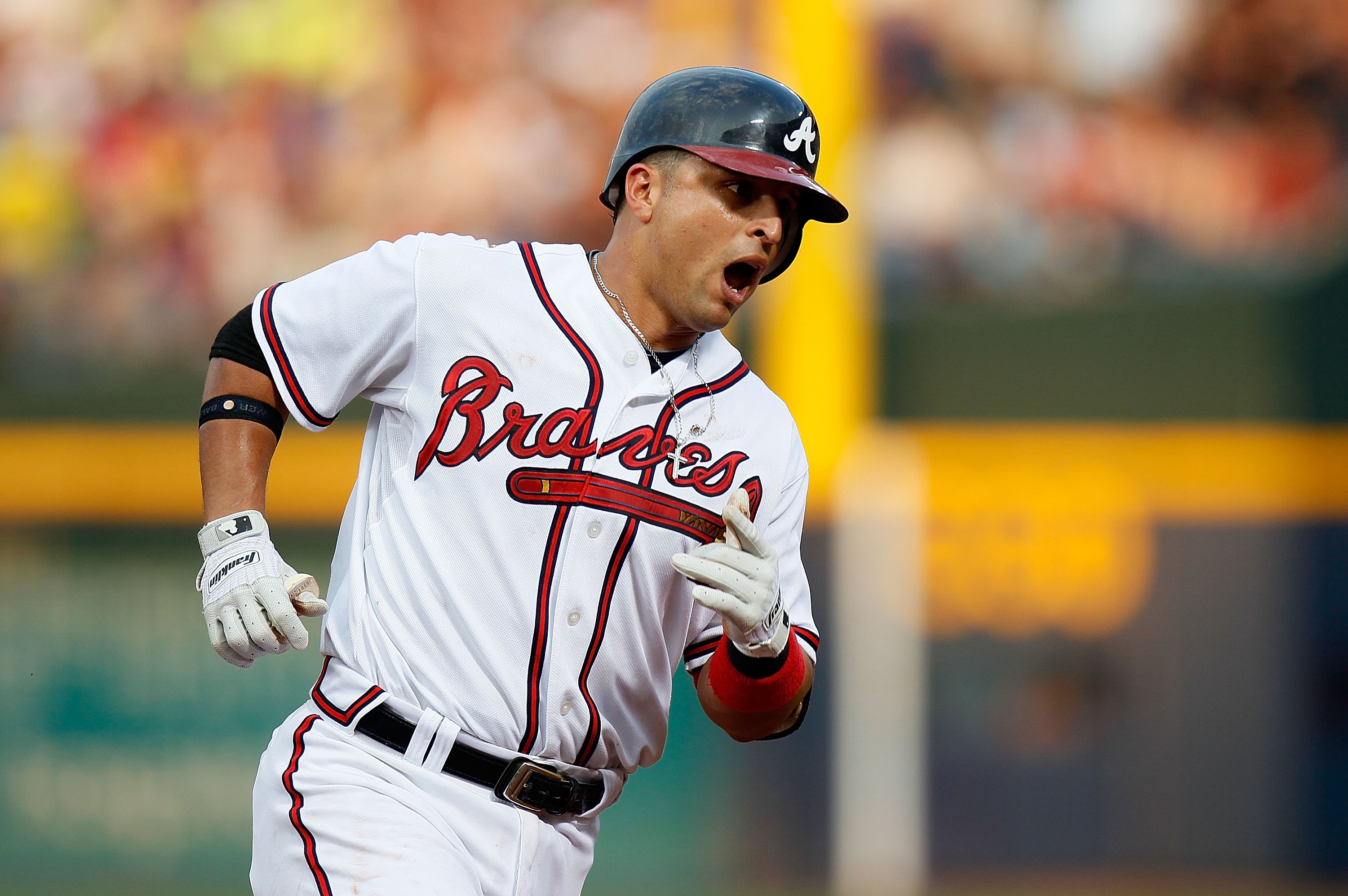 ATLANTA - JULY 15:  Martin Prado #14 of the Atlanta Braves against the Milwaukee Brewers at Turner Field on July 15, 2010 in Atlanta, Georgia.  (Photo by Kevin C. Cox/Getty Images)
