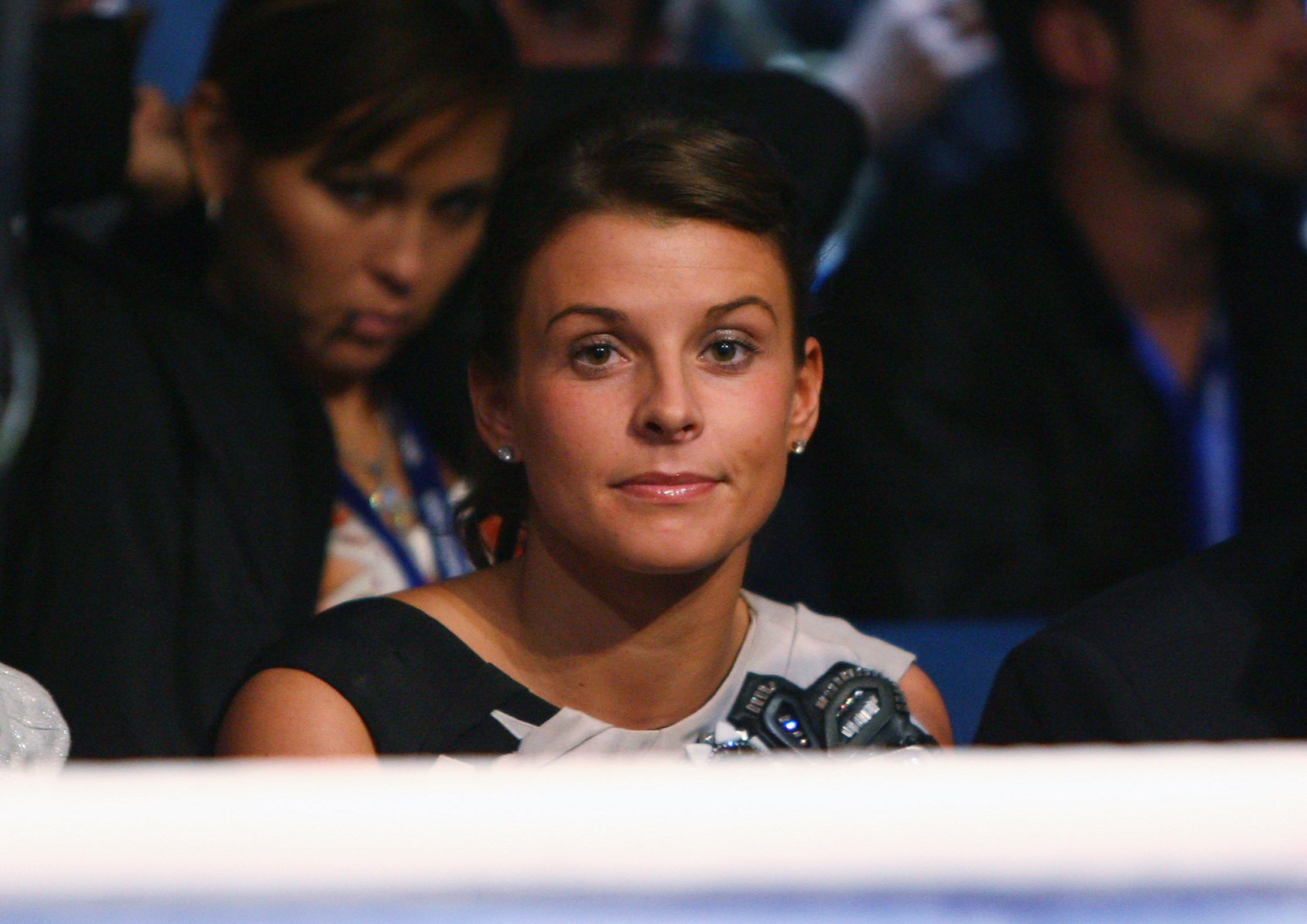 MANCHESTER, UNITED KINGDOM - MAY 24:  Coleen McLoughlin watches the IBO light-welterweight title fight between Ricky Hatton and Juan Lazcano at the City of Manchester Stadium on May 24, 2008 in Manchester, England.  (Photo by Alex Livesey/Getty Images)