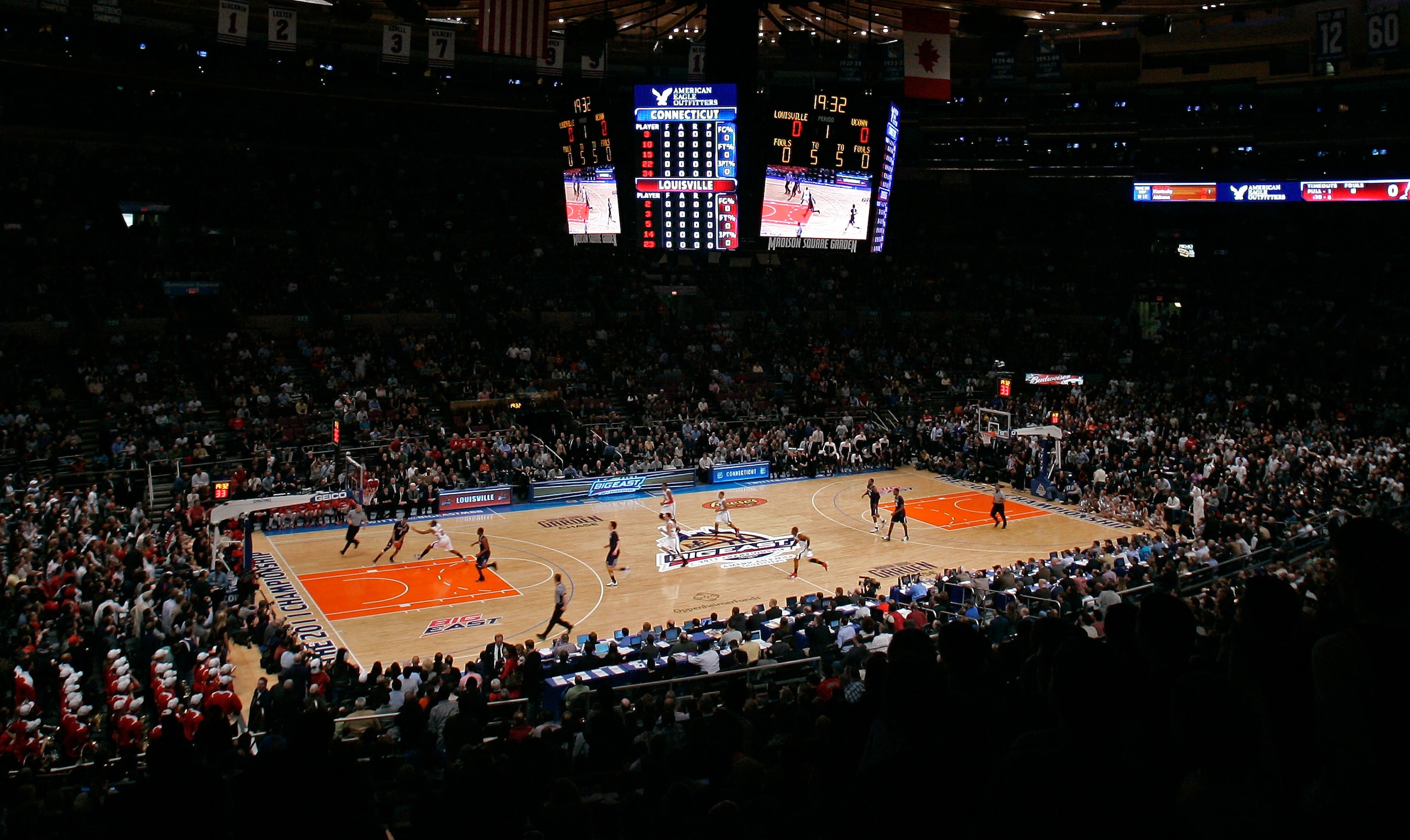NEW YORK, NY - MARCH 12:  A general view at the opening tip off between the Connecticut Huskies and the Louisville Cardinals during the championship of the 2011 Big East Men's Basketball Tournament presented by American Eagle Outfitters at Madison Square