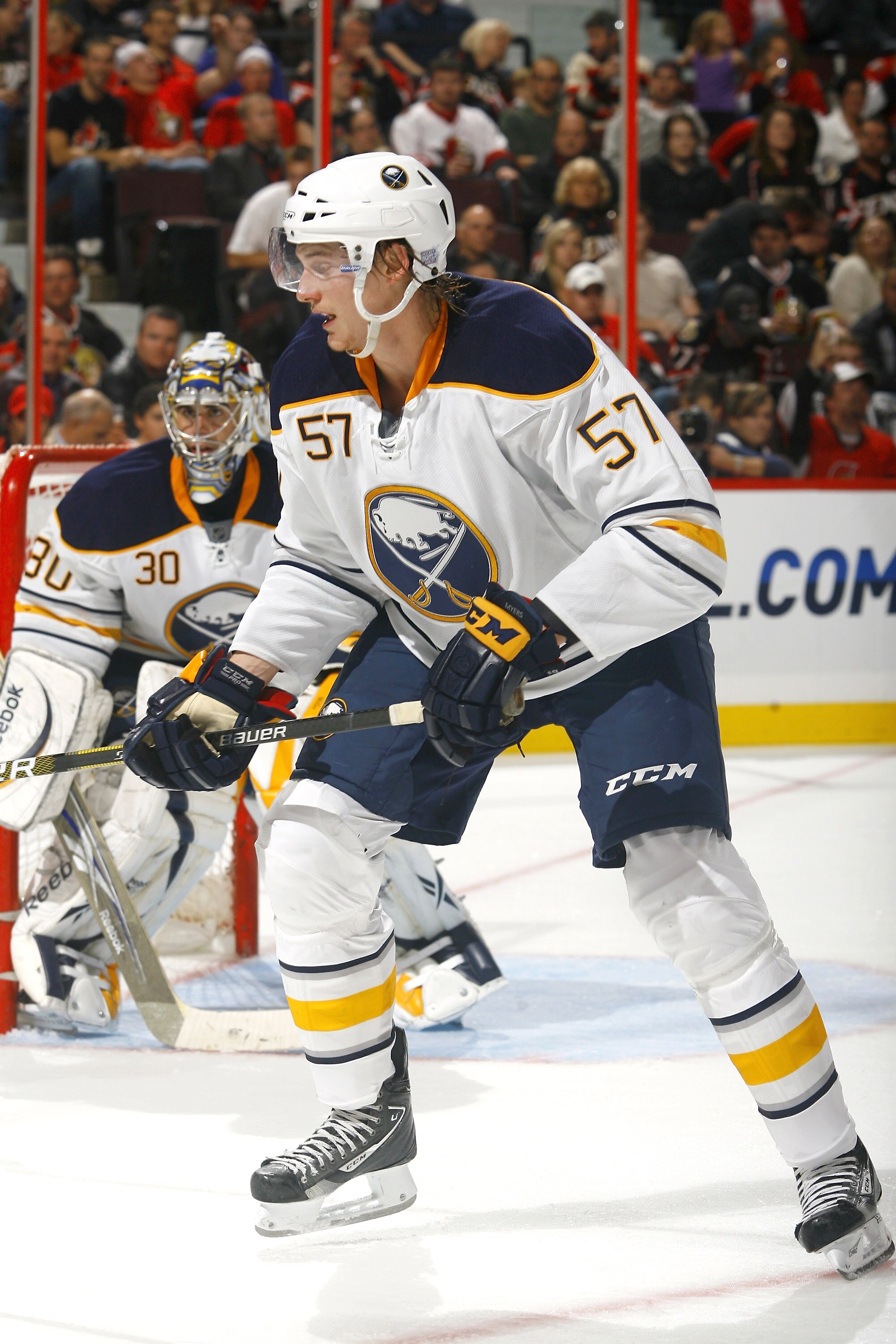 OTTAWA, ON - OCTOBER 08:  Tyler Myers #57 of the Buffalo Sabres skates in a game against the Ottawa Senators  at Scotiabank Place on October 8, 2010 in Ottawa, Ontario,  Canada. The Buffalo Sabres defeated the Ottawa Senators 2-1.  (Photo by Phillip MacCa
