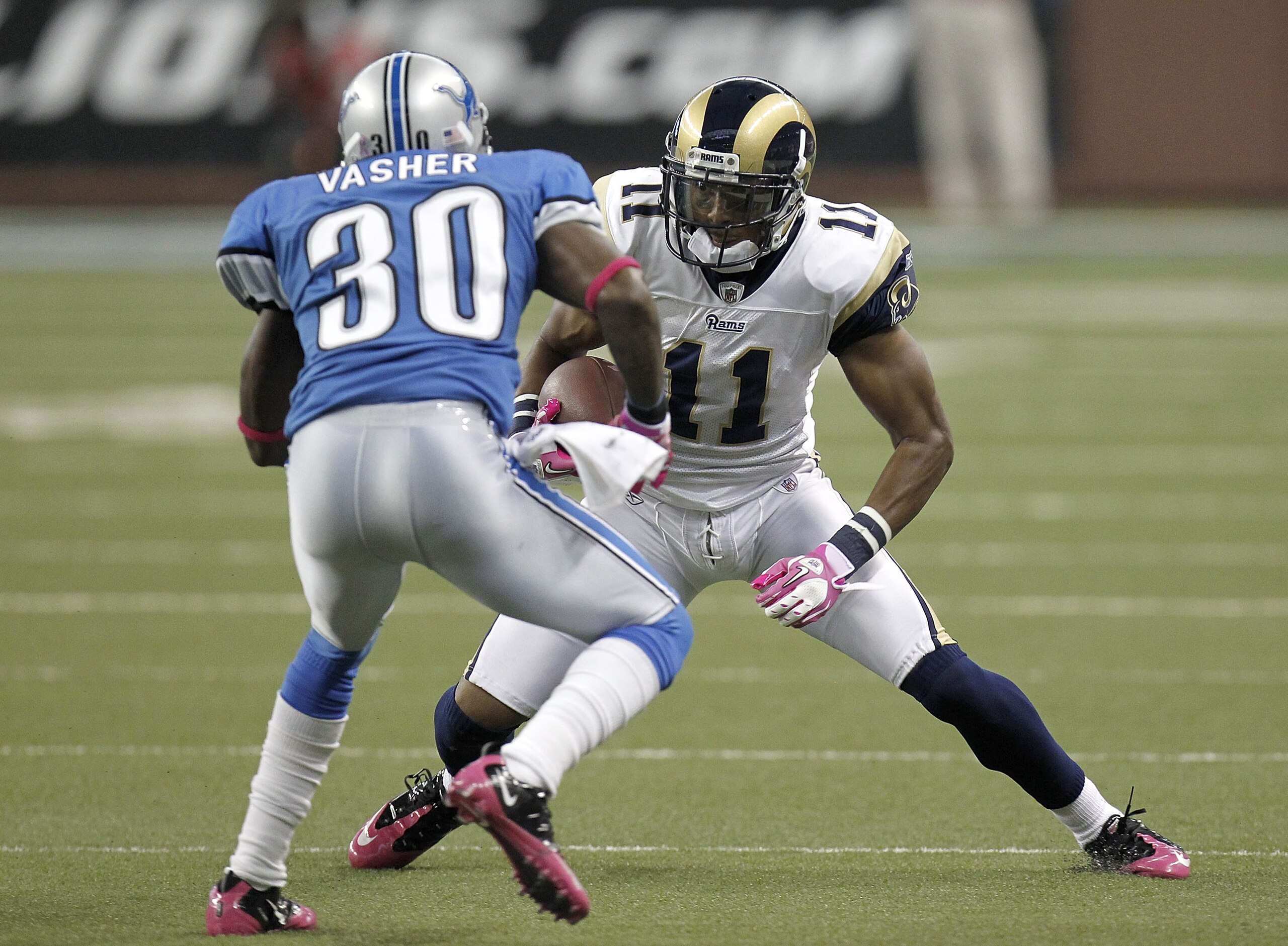 DETROIT - OCTOBER 10: Brandon Gibson #11 of the St. Louis Rams tries to get around the tackle of Nathan Vasher #30 of the Detroit Lions on October 10, 2010 at Ford Field in Detroit, Michigan. (Photo by Gregory Shamus/Getty Images) DETROIT - OCTOBER 10: Brandon Gibson #11 of the St. Louis Rams tries to get around the tackle of Nathan Vasher #30 of the Detroit Lions on October 10, 2010 at Ford Field in Detroit, Michigan. (Photo by Gregory Shamus/Getty Images)