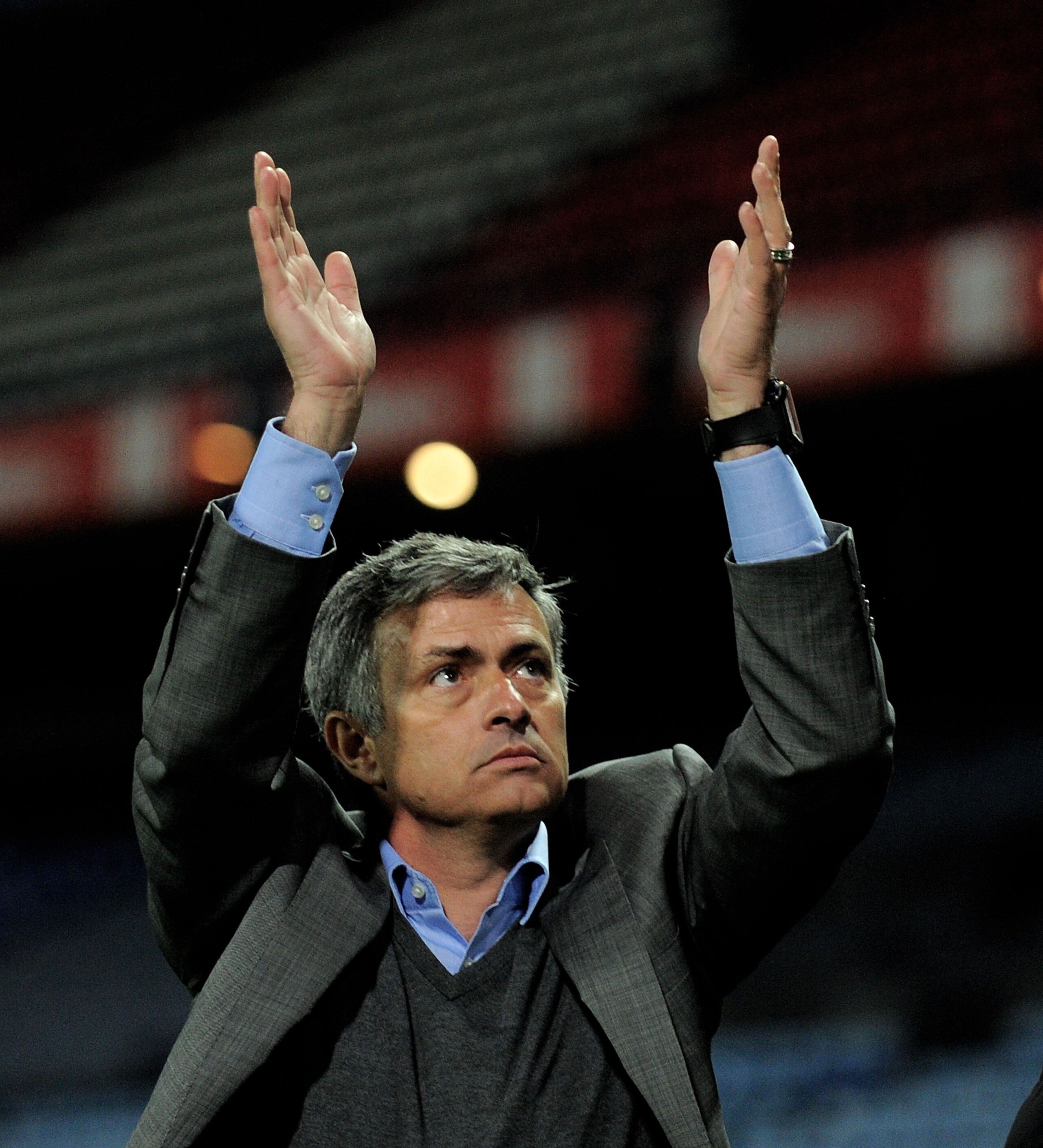 MADRID, SPAIN - MARCH 19:  Head coach Jose Mourinho of Real Madrid applauds travelling Rreal fans at the end of the La Liga match between Atletico Madrid and Real Madrid at Vicente Calderon Stadium on March 19, 2011 in Madrid, Spain.  (Photo by Denis Doyl