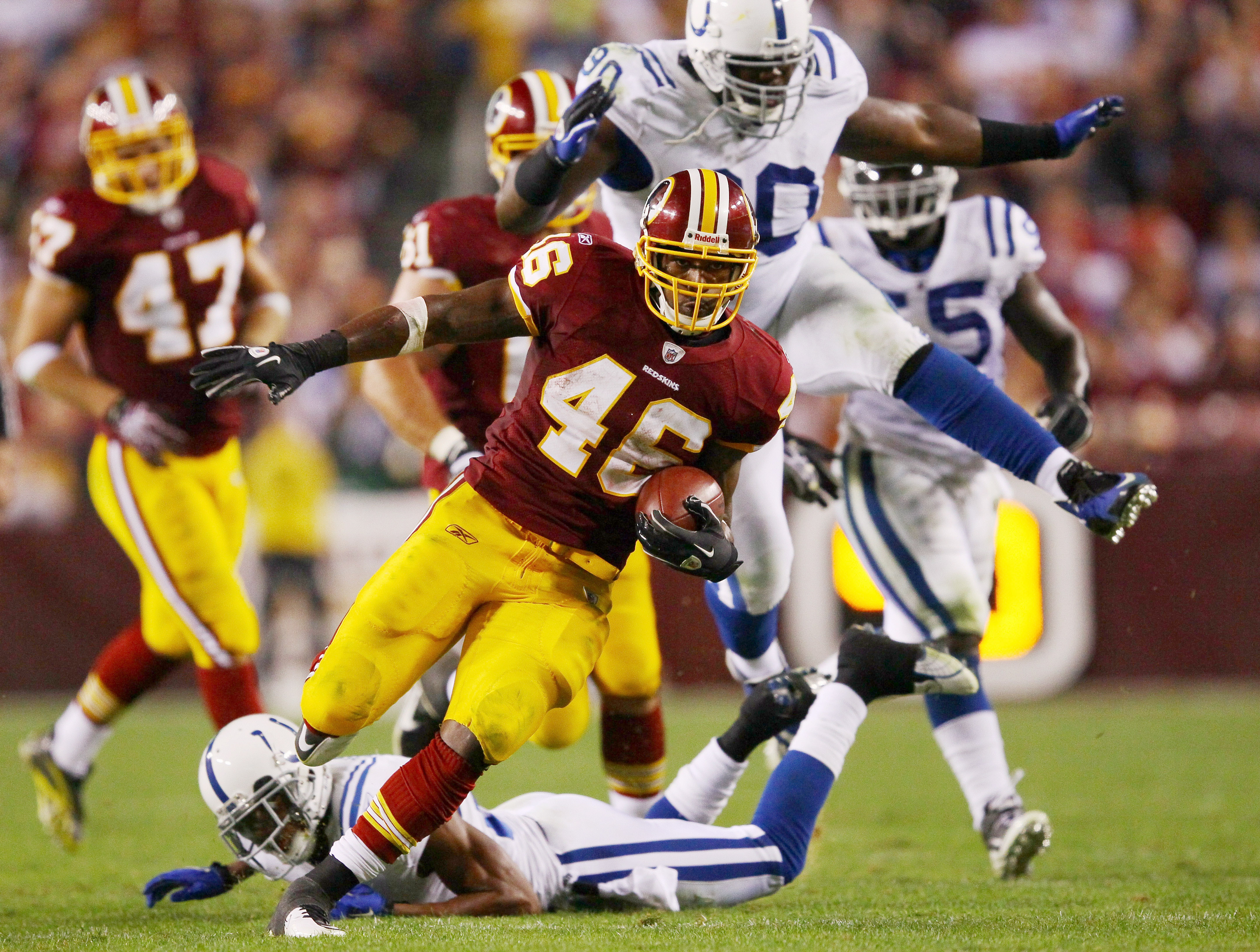LANDOVER, MD - OCTOBER 17: Ryan Torain #46 of the Washington Redskins heads up field for a long gain against the Indianapolis Colts at FedExField on October 17, 2010 in Landover, Maryland. The Colts won the game 27-24. (Photo by Win McNamee/Getty Images LANDOVER, MD - OCTOBER 17: Ryan Torain #46 of the Washington Redskins heads up field for a long gain against the Indianapolis Colts at FedExField on October 17, 2010 in Landover, Maryland. The Colts won the game 27-24. (Photo by Win McNamee/Getty Images