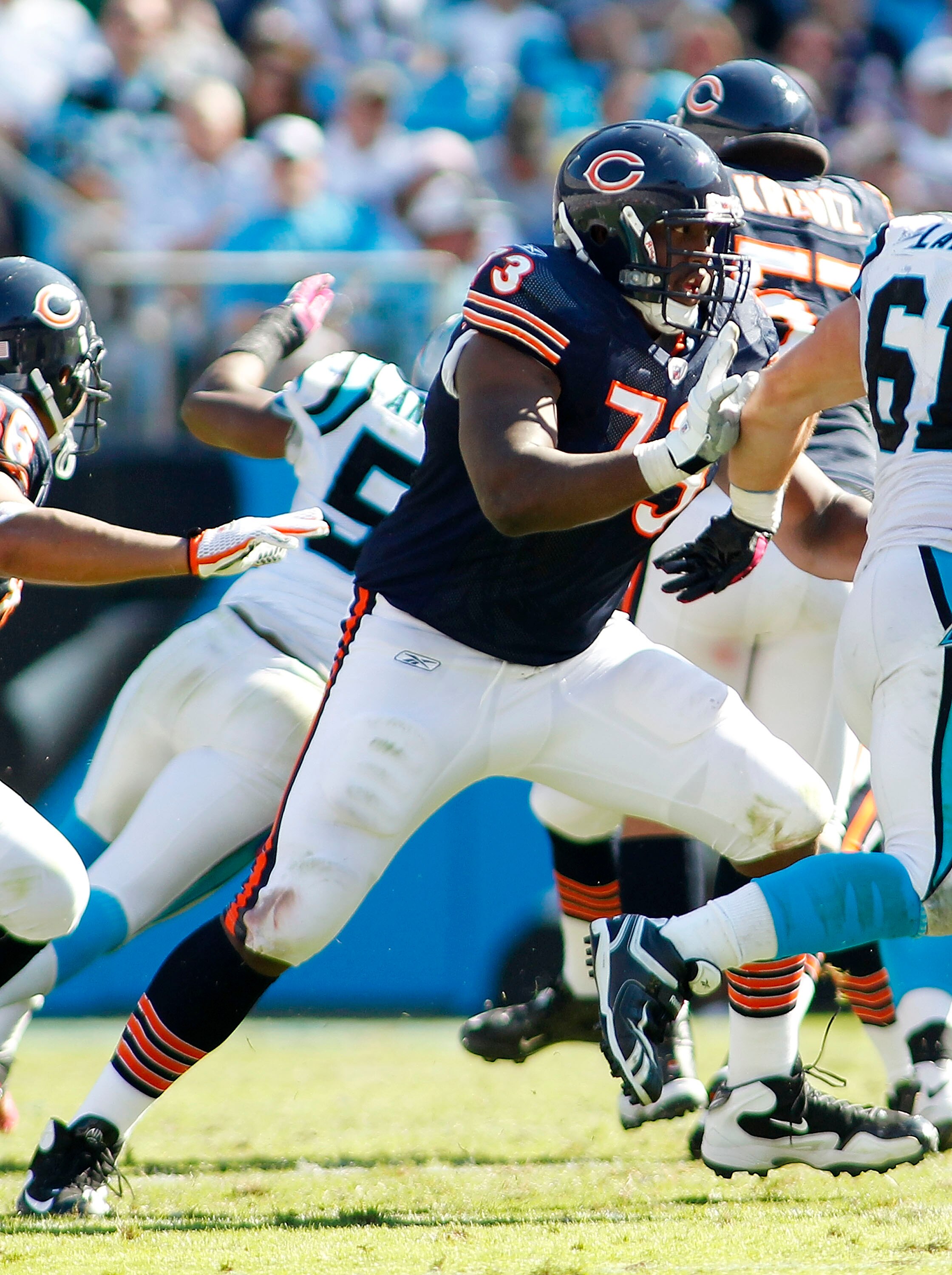 CHARLOTTE, NC - OCTOBER 10: Offensive tackle J'Marcus Webb #73 of the Chicago Bears blocks defensive tackle Derek Landri #61 of the Carolina Panthers at Bank of America Stadium on October 10, 2010 in Charlotte, North Carolina. (Photo by Geoff Burke/Getty