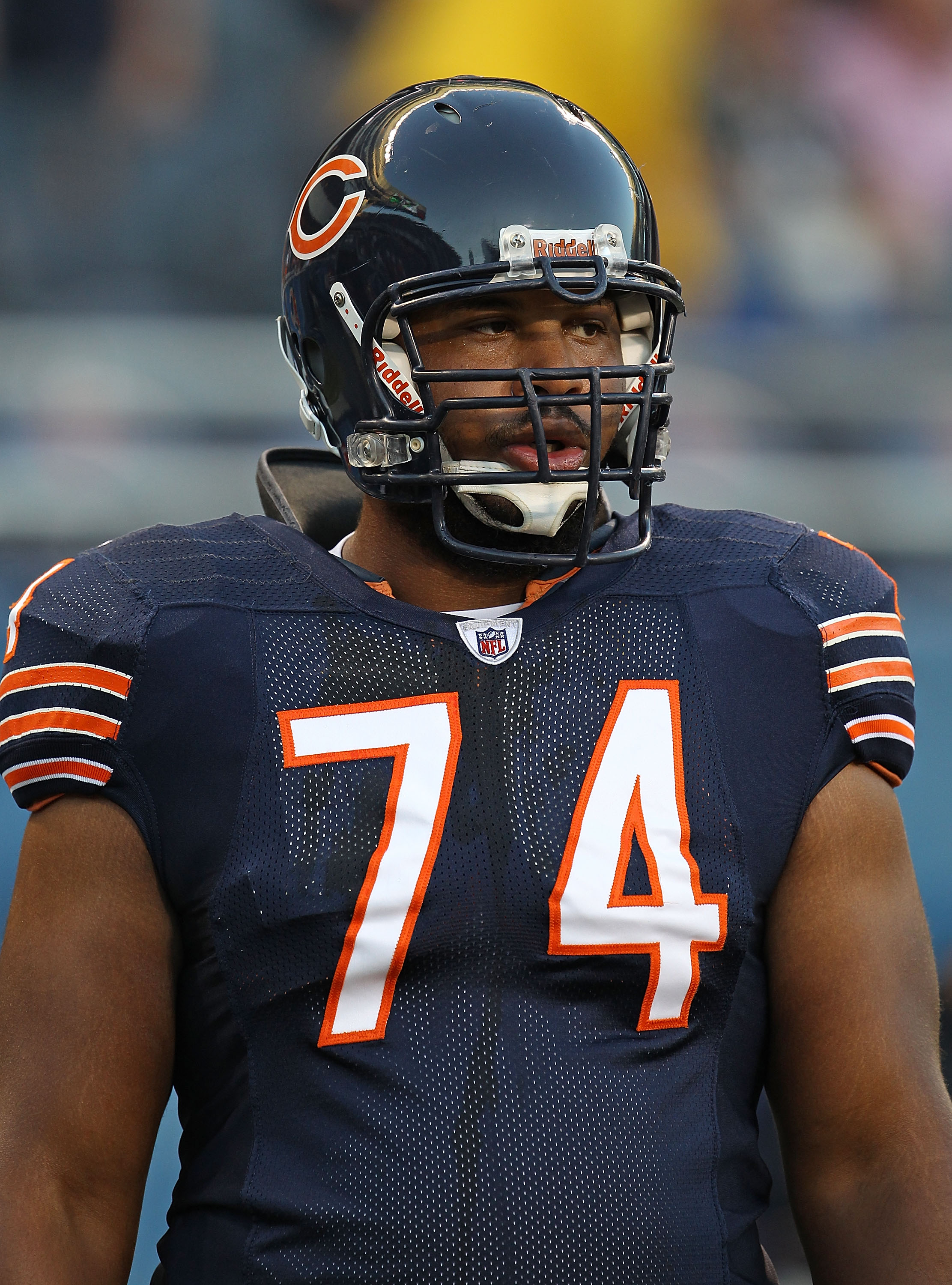 CHICAGO - AUGUST 28: Chris Williams #74 of the Chicago Bears participates in warm-ups before a preseason game against the Arizona Cardinals at Soldier Field on August 28, 2010 in Chicago, Illinois. The Cardinals defeated the Bears 14-9. (Photo by Jonathan