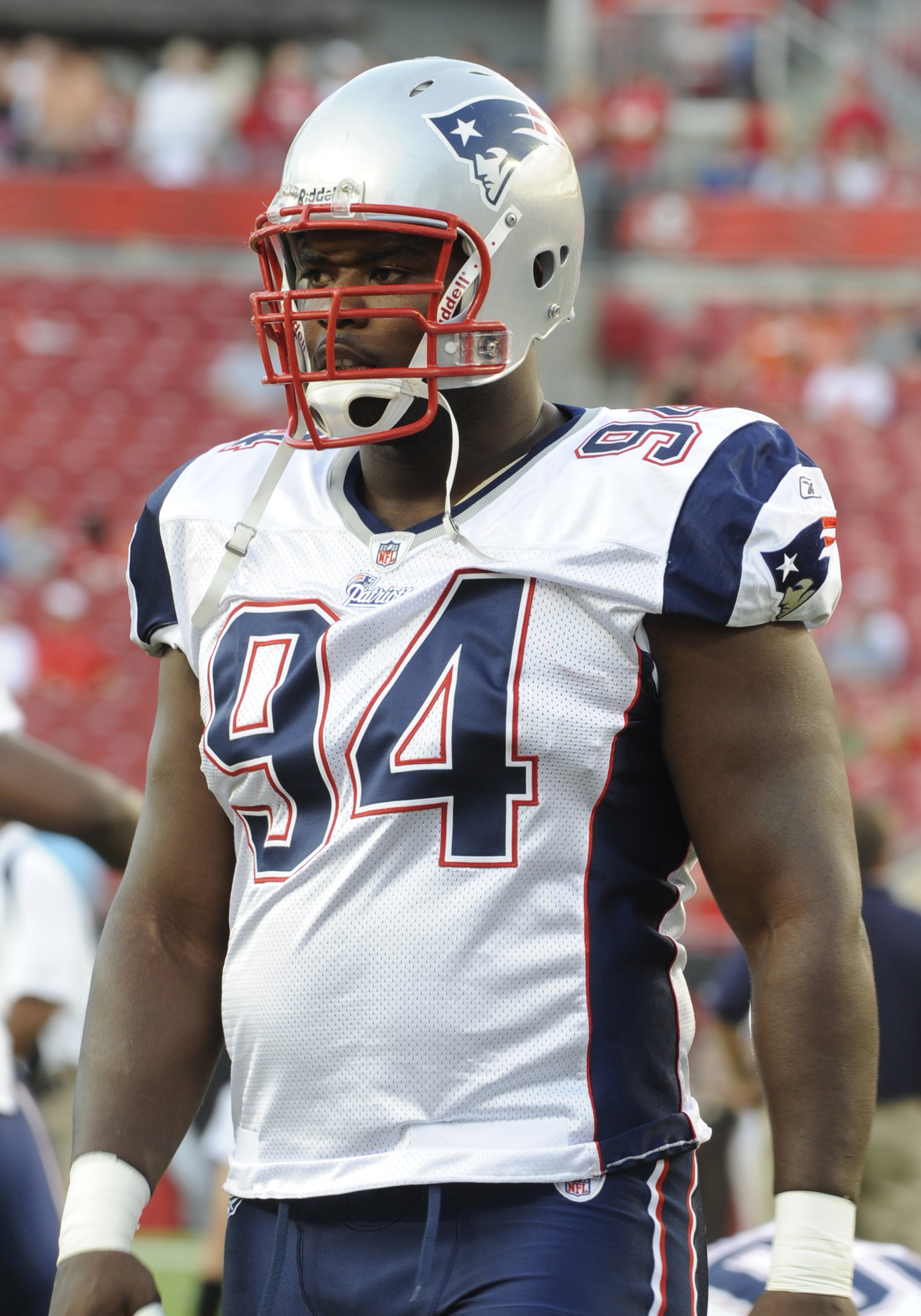 TAMPA, FL - AUGUST 17: Defensive lineman Ty Warren #94 of the New England Patriots watches play against the Tampa Bay Buccaneers at Raymond James Stadium on August 17, 2008 in Tampa, Florida.   (Photo by Al Messerschmidt/Getty Images)