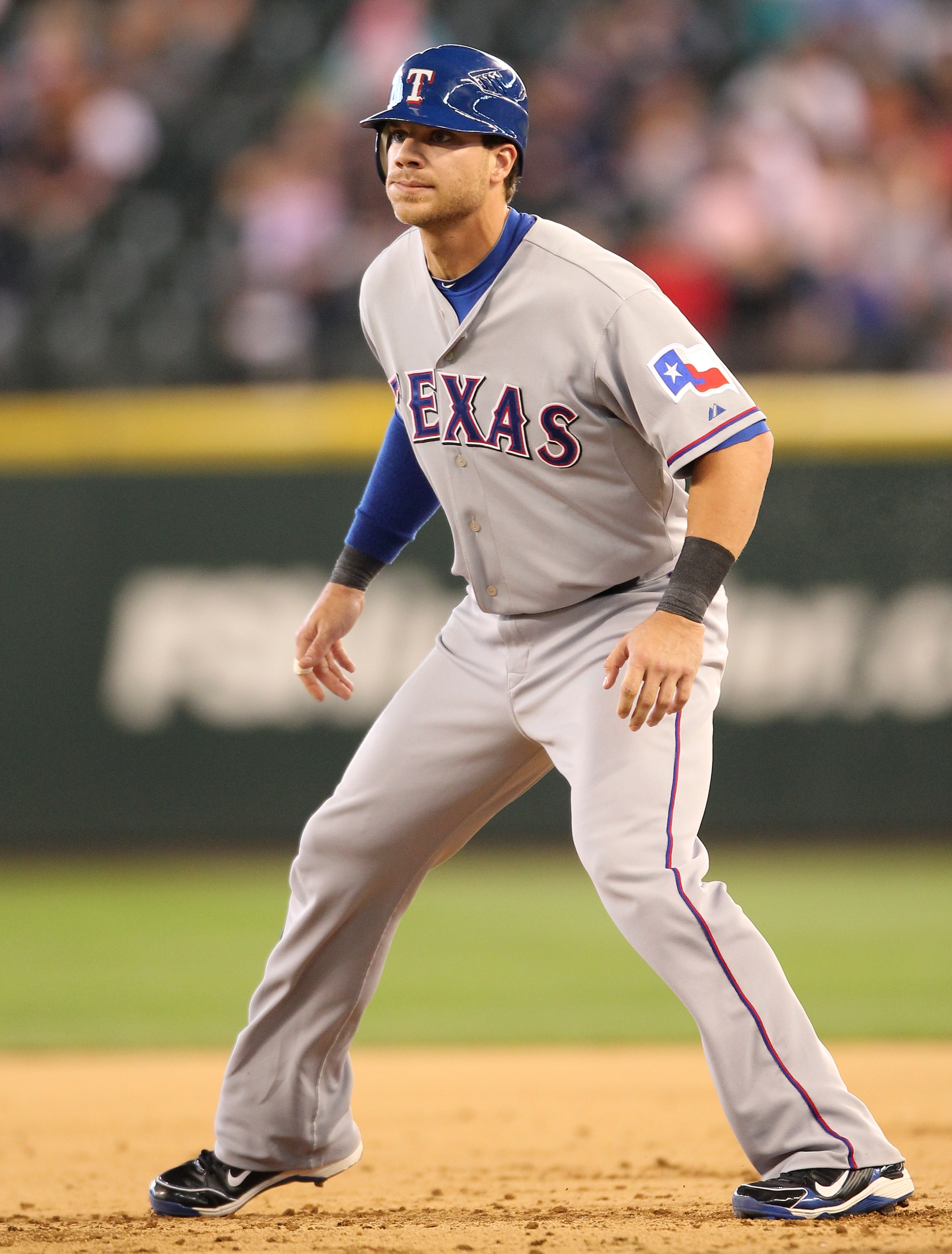 SEATTLE - SEPTEMBER 19:  Chris Davis #19 of the Texas Rangers leads off of first base during the game against the Seattle Mariners at Safeco Field on September 19, 2010 in Seattle, Washington. The Mariners won 2-1. (Photo by Otto Greule Jr/Getty Images)