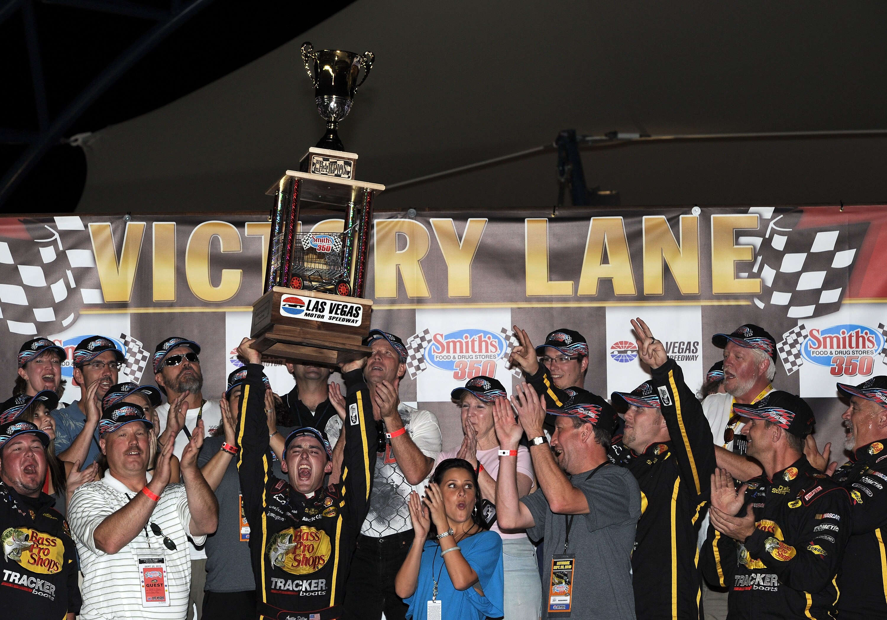 LAS VEGAS - SEPTEMBER 25:  Austin Dillon, driver of the #3 Bass Pro Shops / Remington / Tracker Boats  Chevrolet celebrates his win on victory lane during the Smith's 350 NASCAR Camping World Truck Series race at the Las Vegas Motor Speedway on September