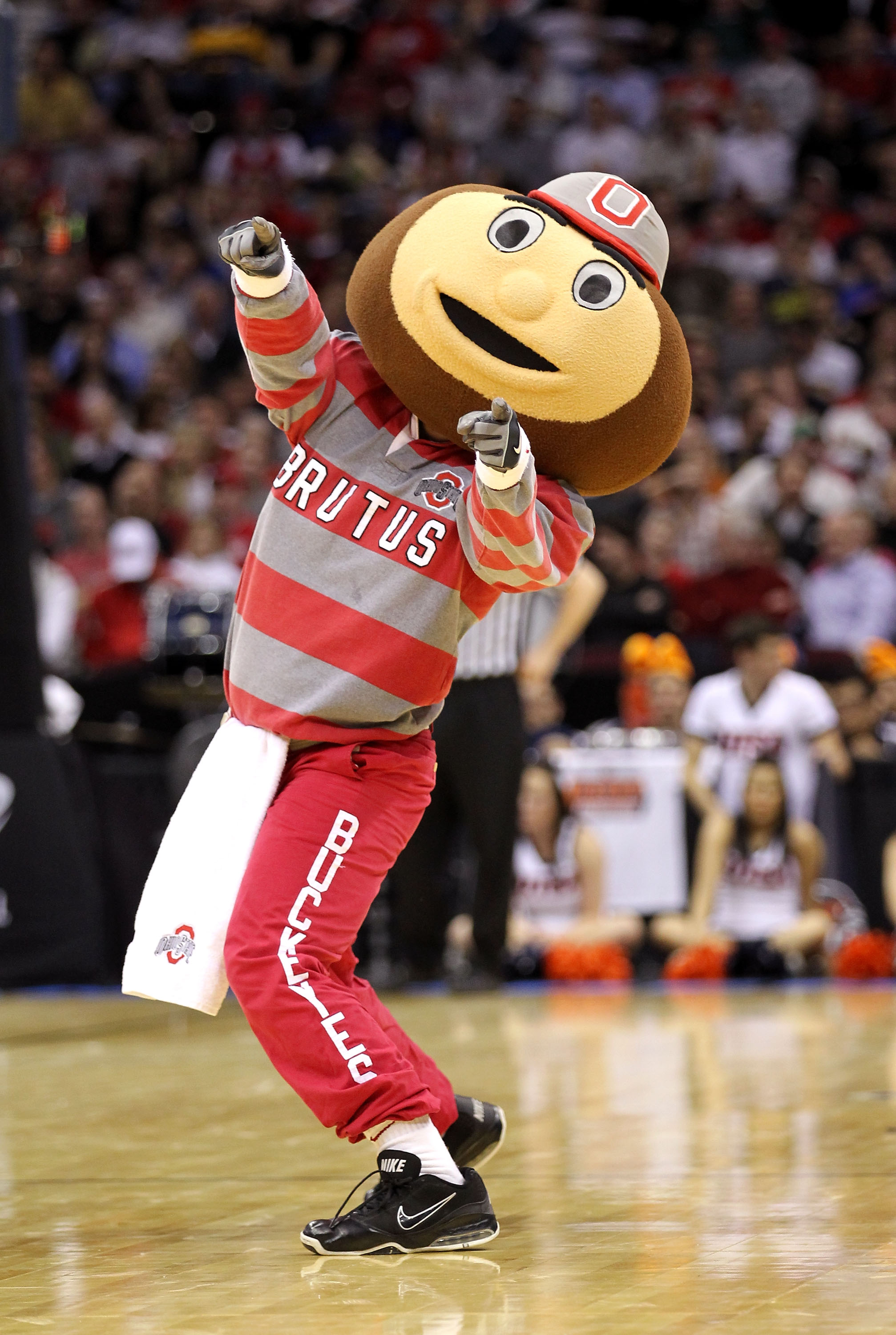 CLEVELAND, OH - MARCH 18: Brutus the Ohio State Buckeyes mascot performs on the court during the game against the Texas-San Antonio Roadrunners during the second round of the 2011 NCAA men's basketball tournament at Quicken Loans Arena on March 18, 2011 i