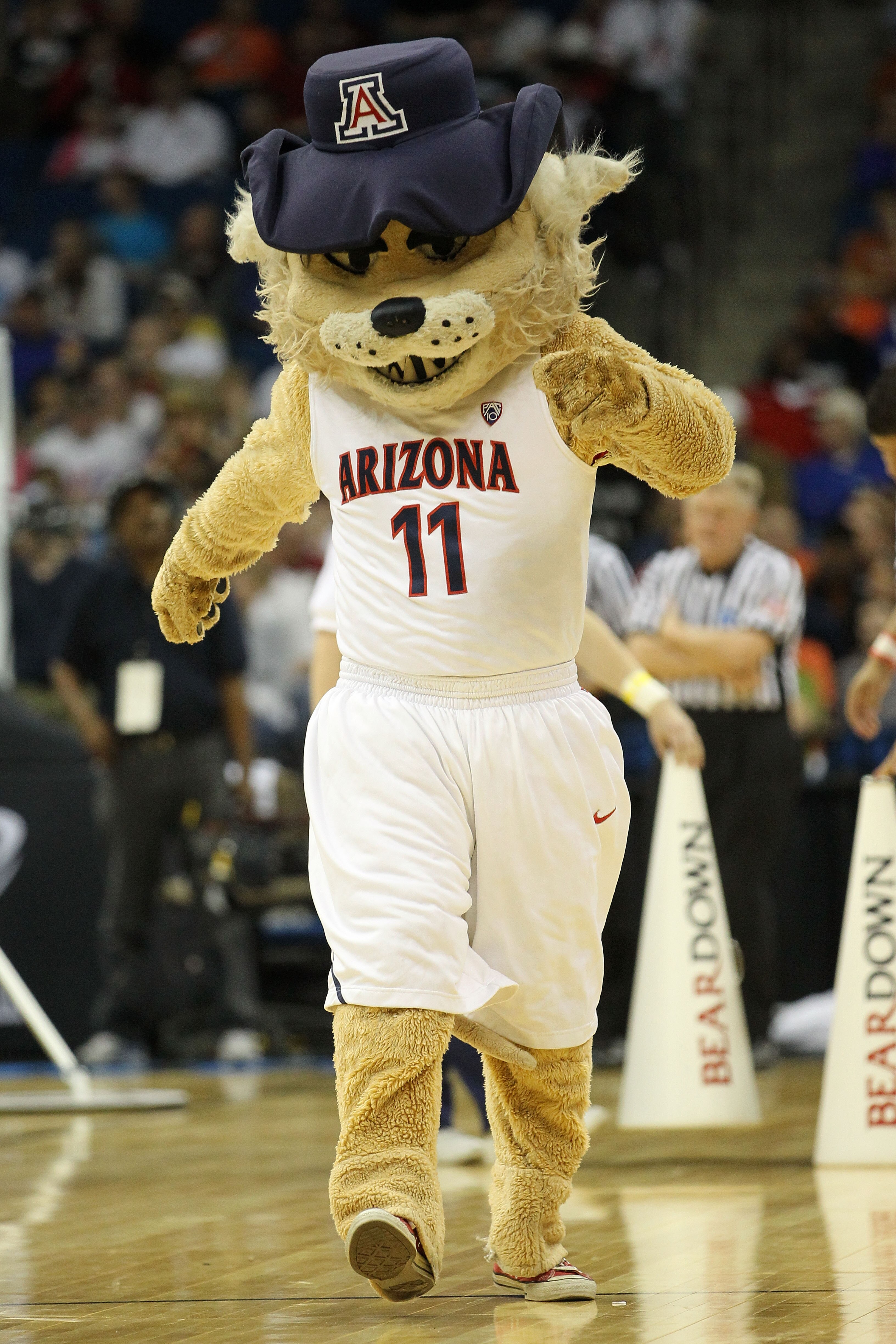 TULSA, OK - MARCH 18:  The Arizona Wildcats mascot performs during the second round game against the Memphis Tigers in the 2011 NCAA men's basketball tournament at BOK Center on March 18, 2011 in Tulsa, Oklahoma.  (Photo by Ronald Martinez/Getty Images)