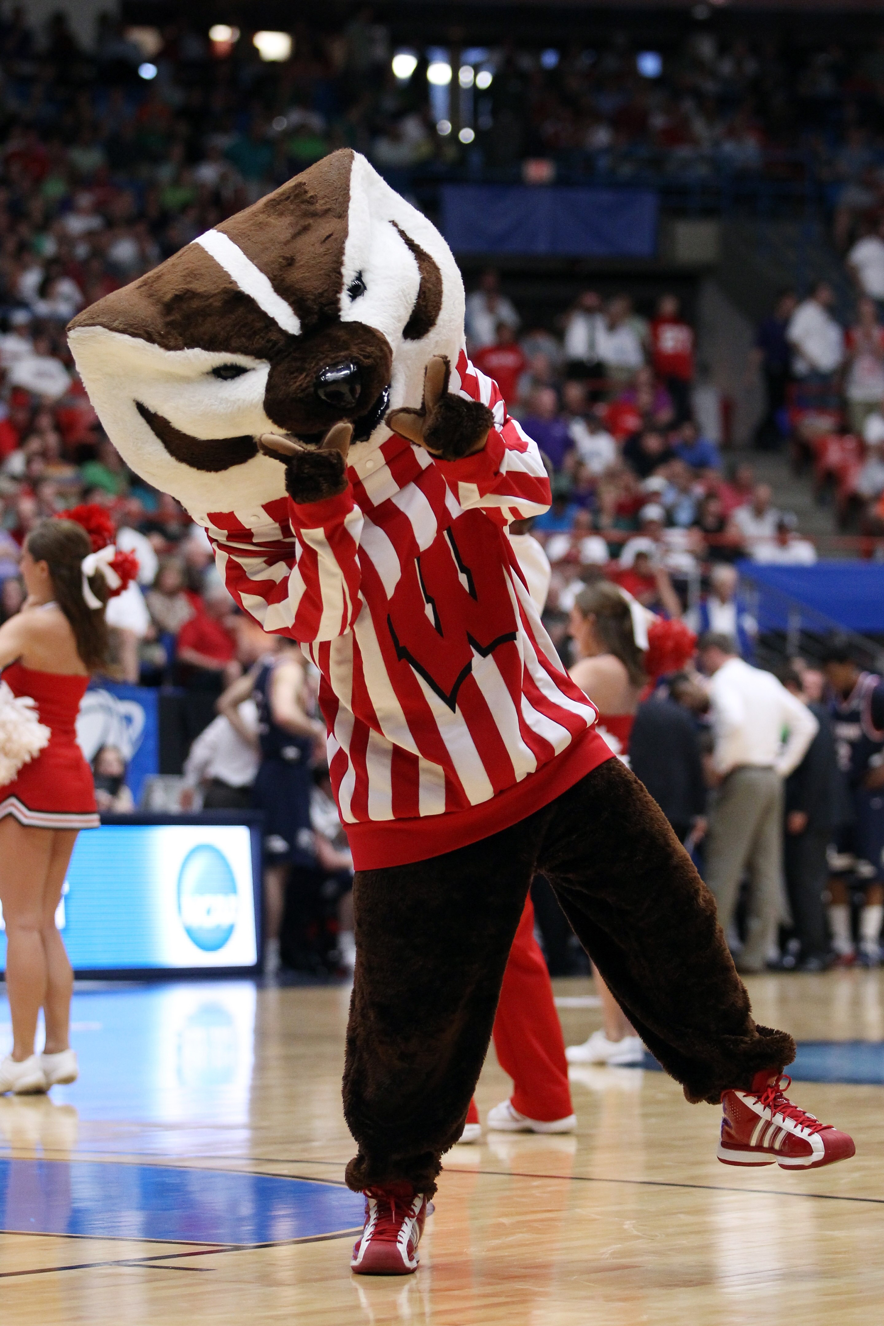 TUCSON, AZ - MARCH 17:  The Wisconsin Badgers mascot performs during their game against the Belmont Bruins in the second round of the 2011 NCAA men's basketball tournament at McKale Center on March 17, 2011 in Tucson, Arizona.  (Photo by Christian Peterse
