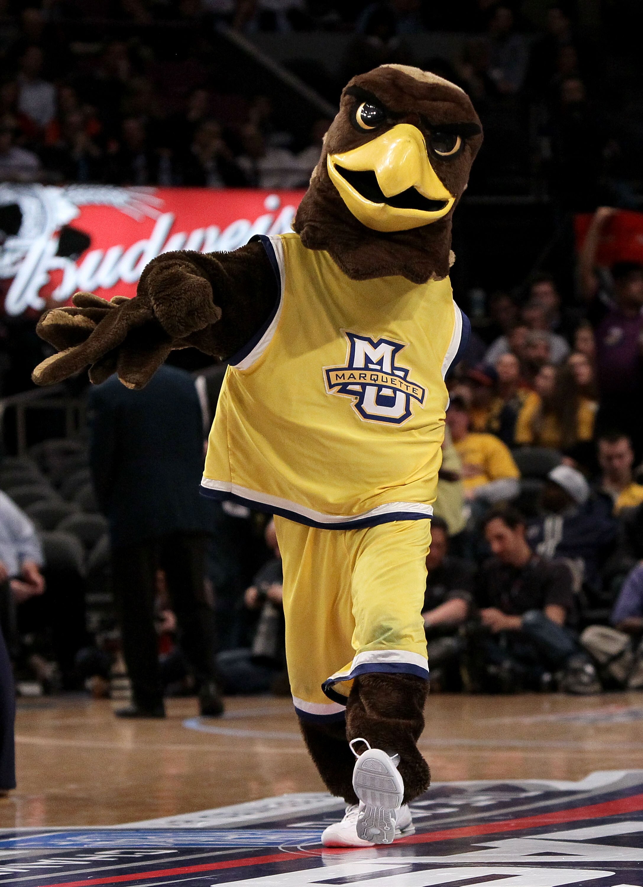 NEW YORK - MARCH 12: The Marquette Golden Eagles mascot walks on the court against the Georgetown Hoyas during the semifinal of the 2010 Big East Tournament at Madison Square Garden on March 12, 2010 in New York City.  (Photo by Jim McIsaac/Getty Images)