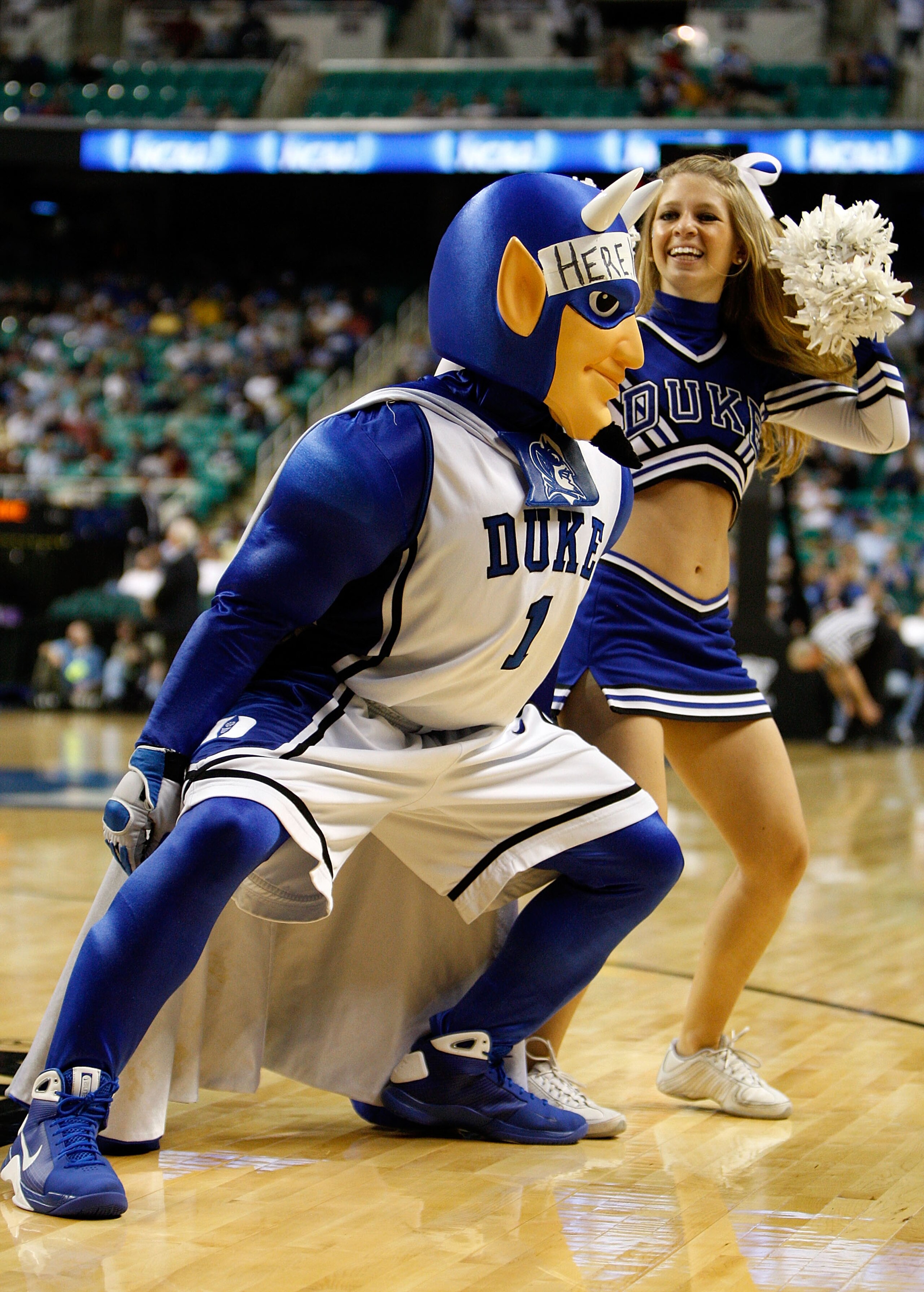 GREENSBORO, NC - MARCH 19:  The Duke Blue Devils mascot cheers against the Binghamton Bearcats during the first round of the NCAA Division I Men's Basketball Tournament at the Greensboro Coliseum on March 19, 2009 in Greensboro, North Carolina.  (Photo by