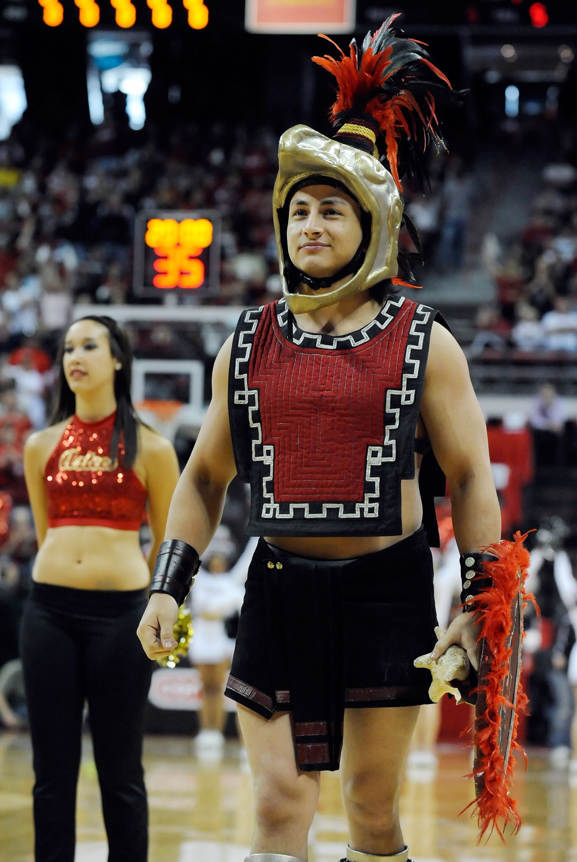 LAS VEGAS - MARCH 13:  The San Diego State Aztecs mascot Aztec Warrior appears on the court before the championship game against the UNLV Rebels at the Conoco Mountain West Conference Basketball tournament at the Thomas & Mack Center March 13, 2010 in Las