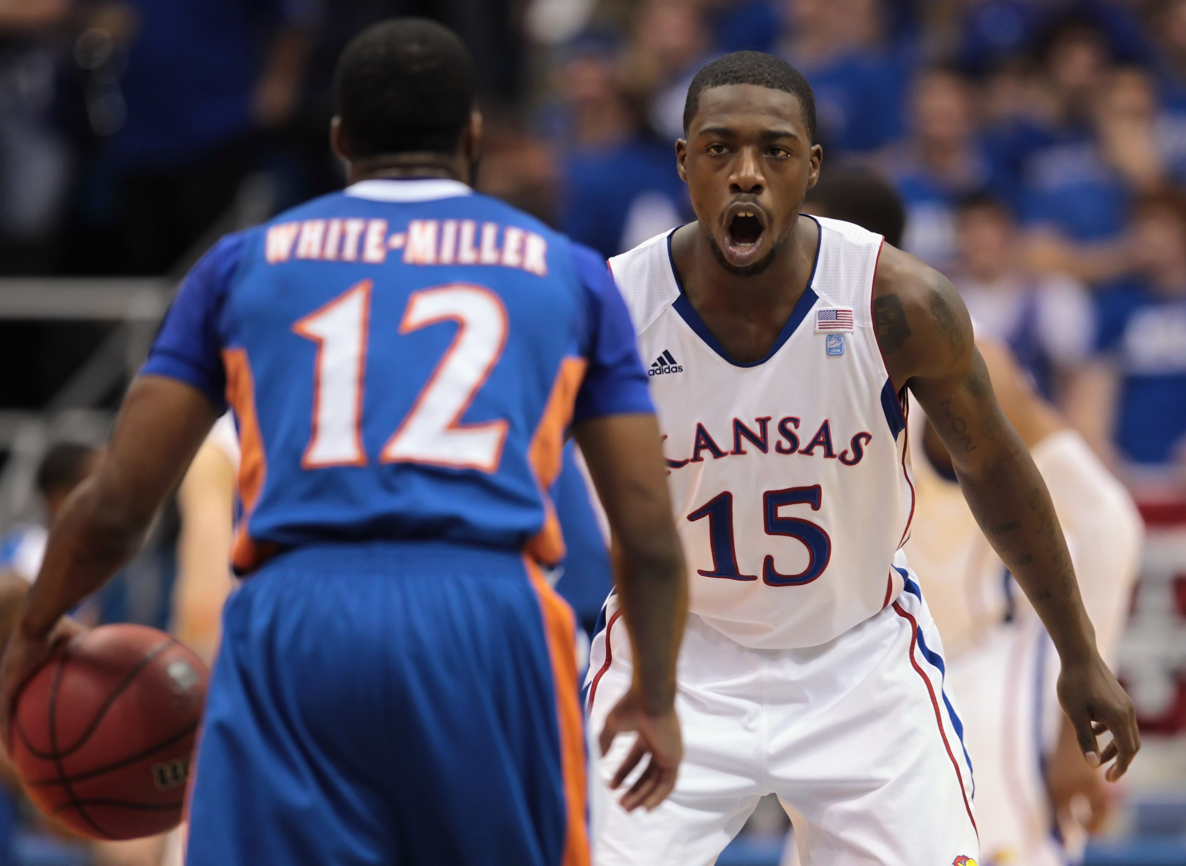 LAWRENCE, KS - DECEMBER 29:  Elijah Johnson #15 of the Kansas Jayhawks in action during the game against the University of Texas Arlington Mavericks on December 29, 2010 at Allen Fieldhouse in Lawrence, Kansas.  (Photo by Jamie Squire/Getty Images)